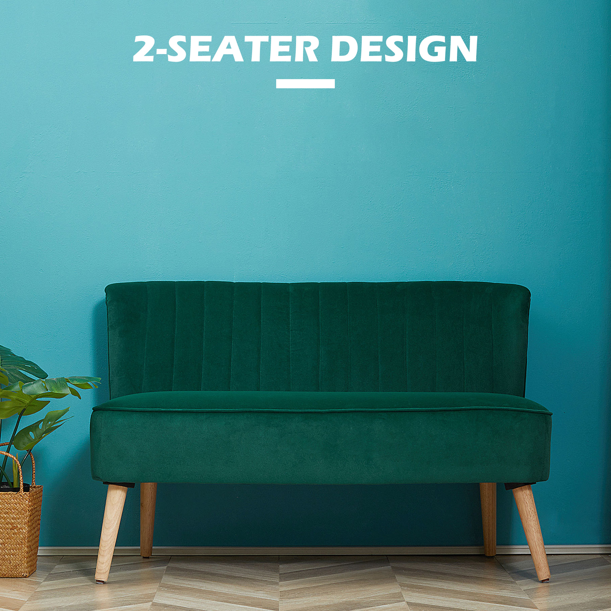 HOMCOM Modern Velvet Double Seat Sofa w/ Wood Frame Foam Padding High Back Soft Comfortable Compact Couch Green 6