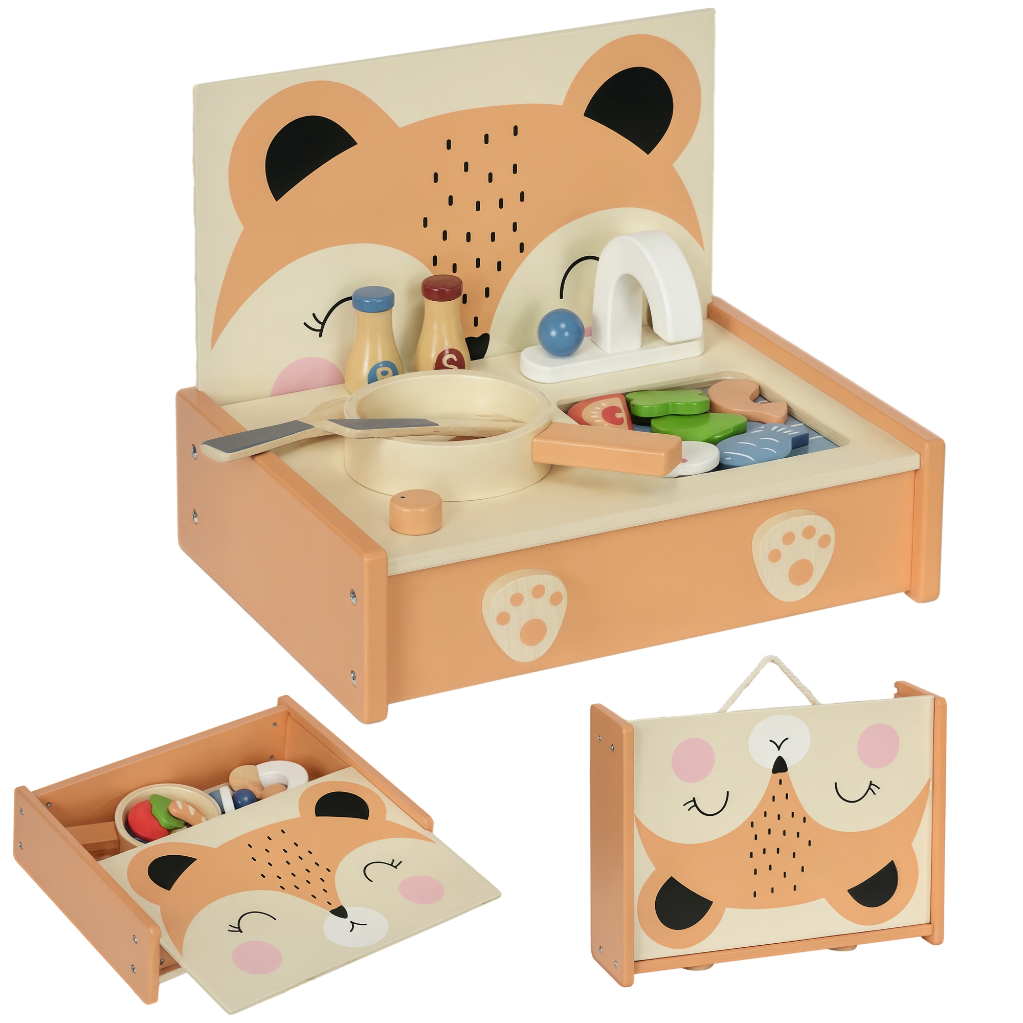 AIYAPLAY Bucătărie Jucărie pentru Copii 3-5 Ani, Mini Bucătărie cu Plită și 12 Accesorii, 31,5x23,5x25 cm, Multicoloră | Aosom Romania