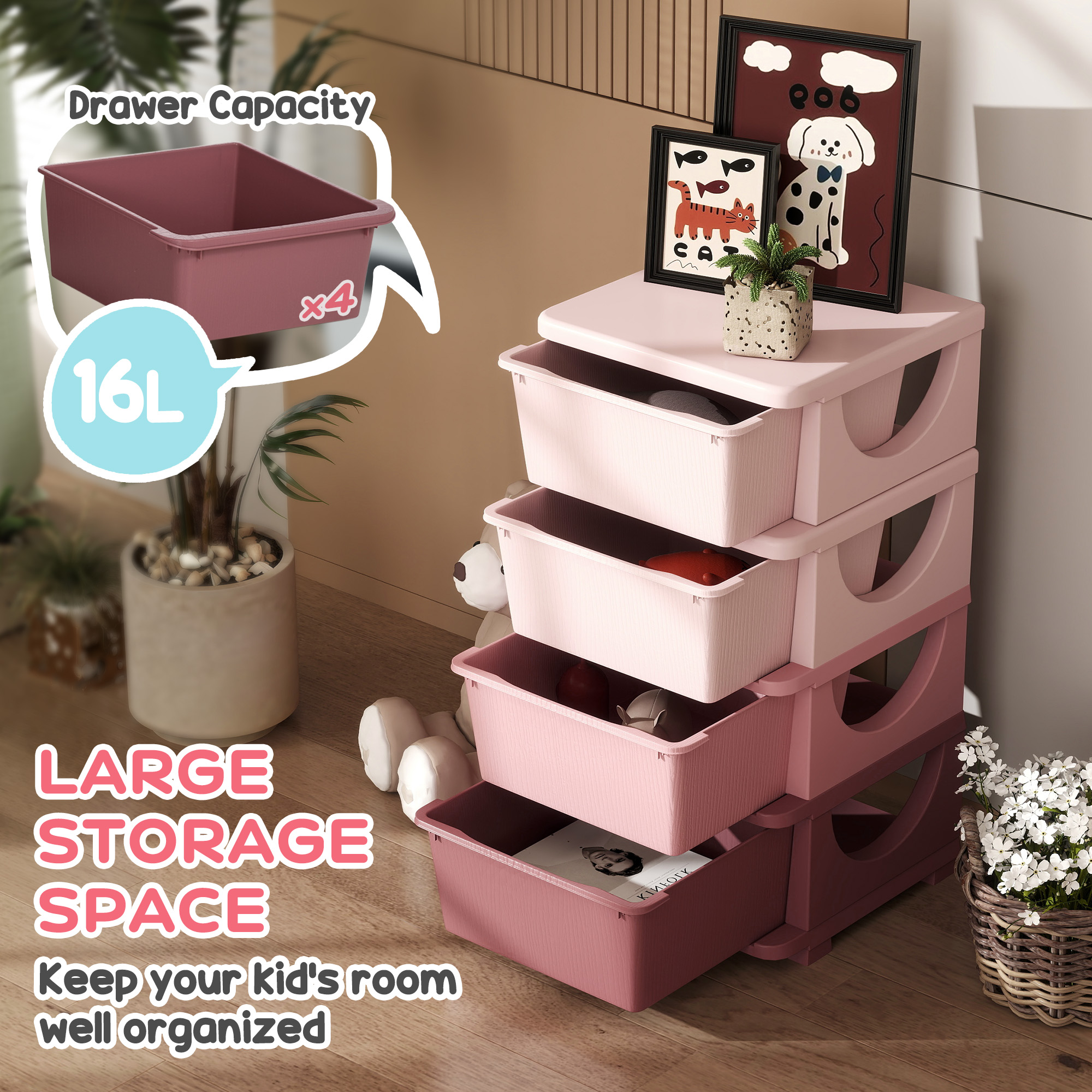 HOMCOM Four-Tier Kids Storage Boxes, with Four Drawers, Pink 4