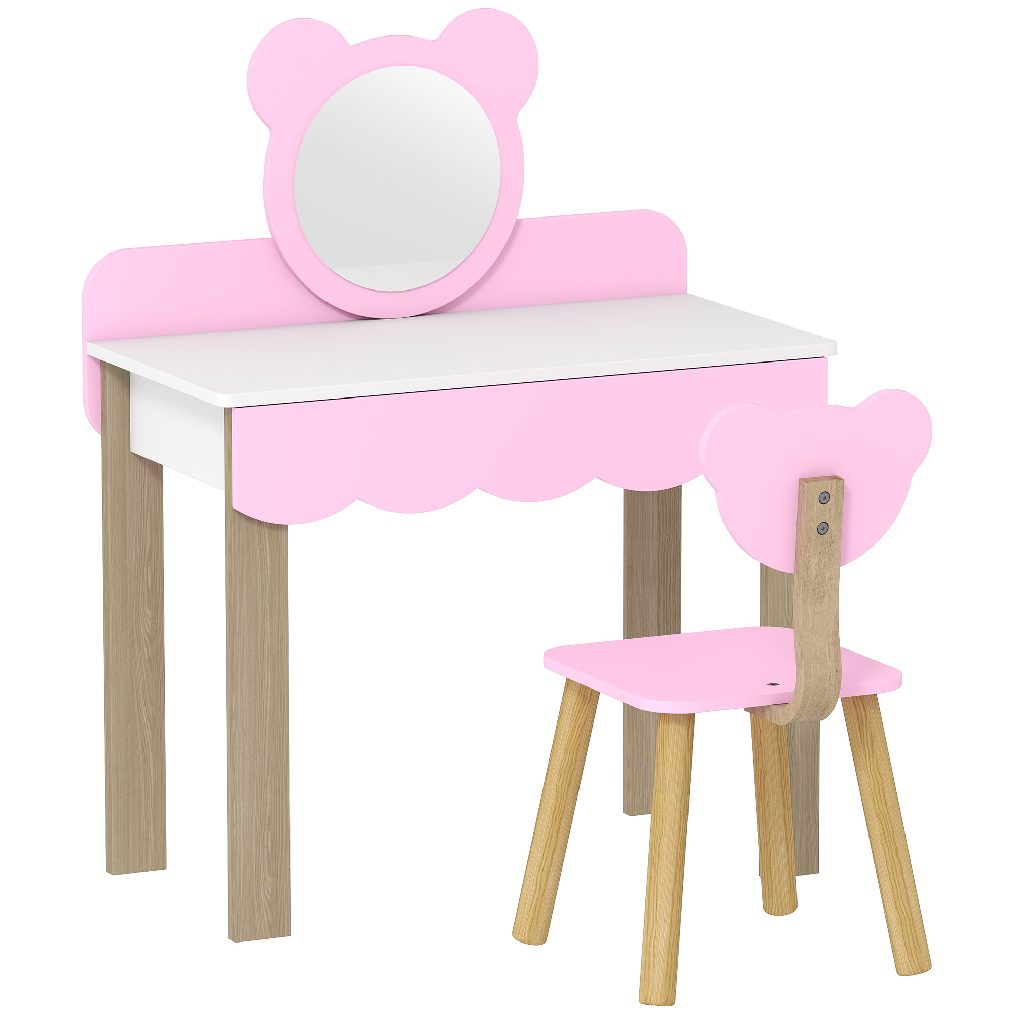 AIYAPLAY Conjunto de Tocador con Taburete para Niños, Espejo de Maquillaje en Forma de Oso, Cajón, MDF, Rosa