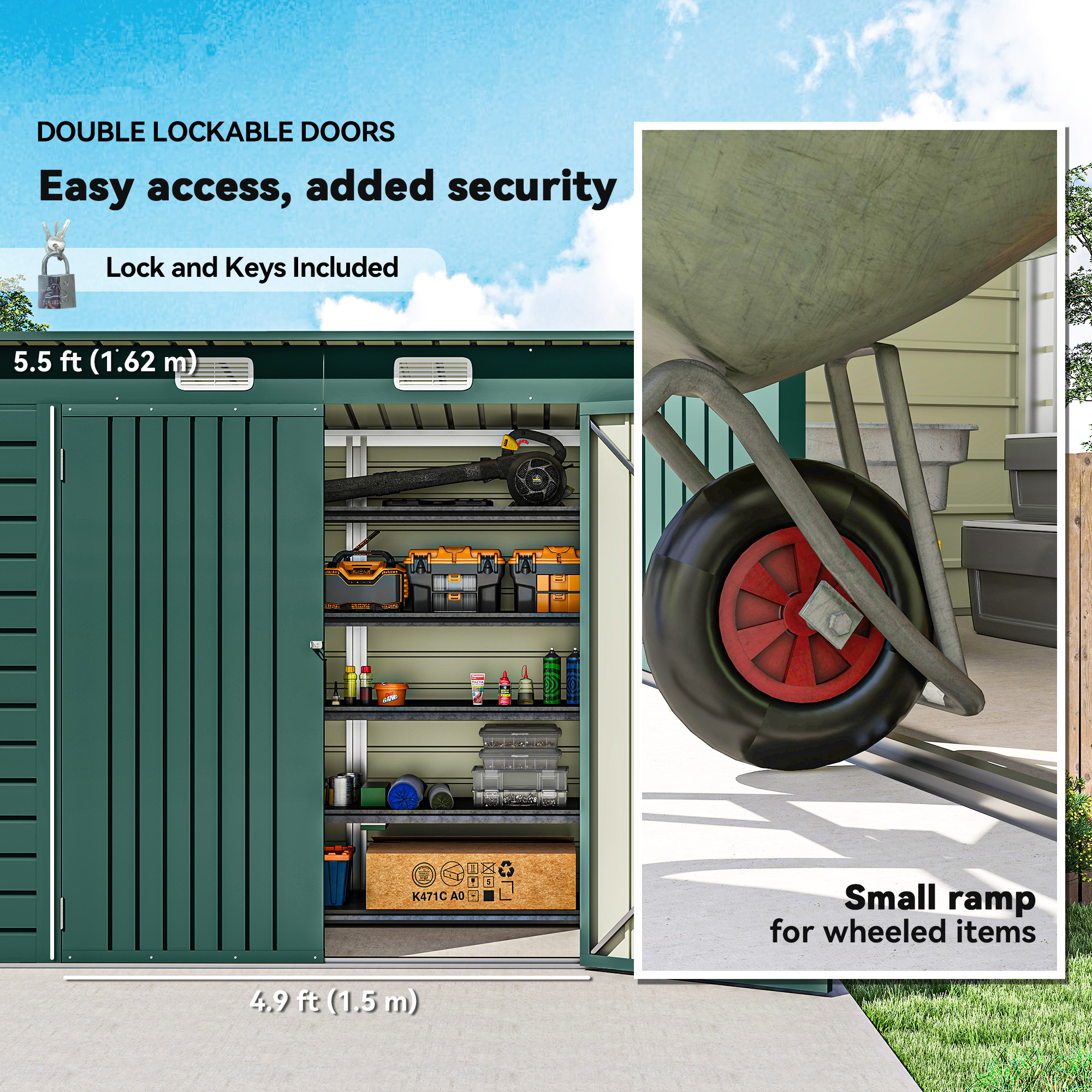 Outsunny 3.7 x 7.9ft Galvanised Steel Shed, with Latched Door and Padlock Green 6