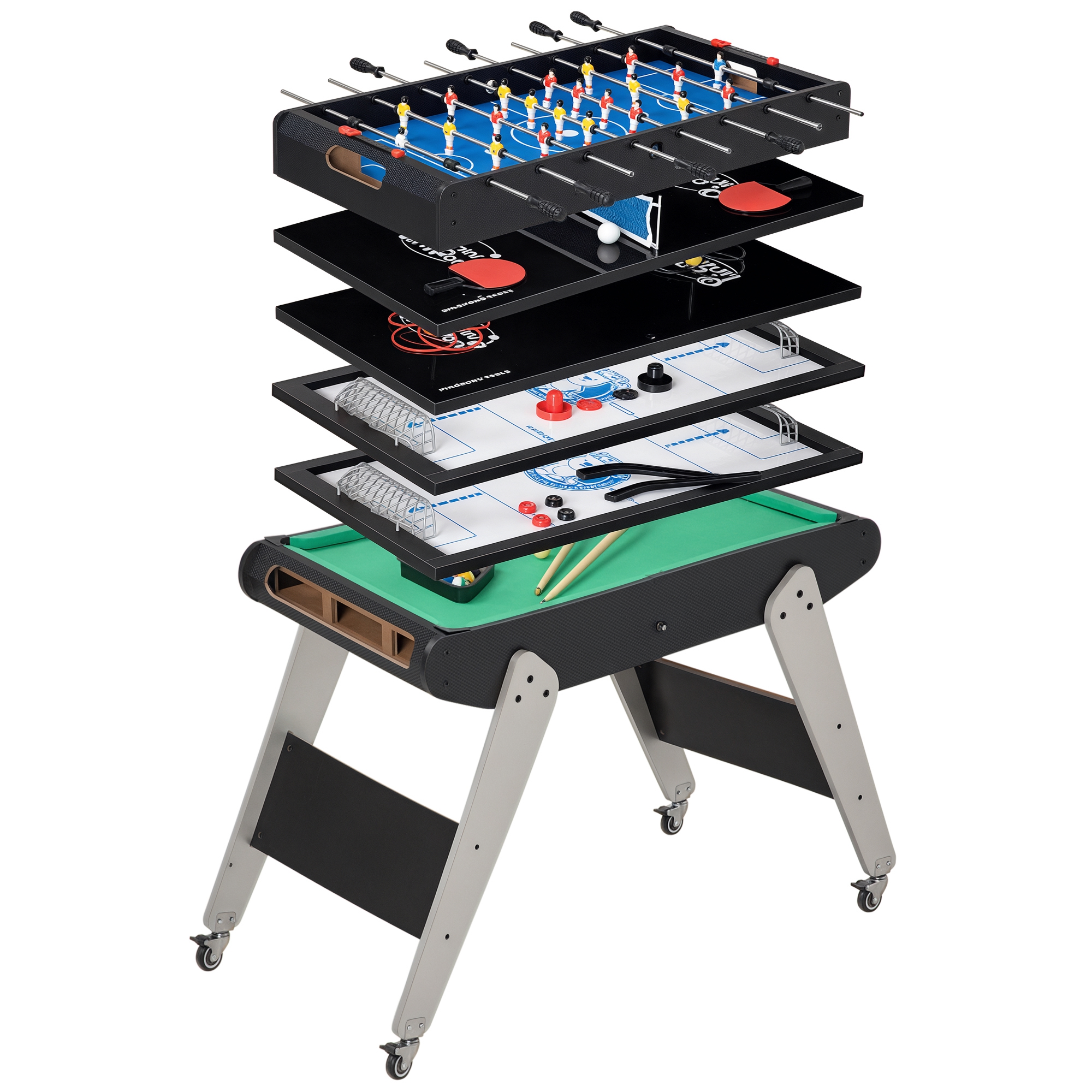 HOMCOM Mesa Multijuegos 6en1 para Niños +7 Años con Billar Futbolín Ping-Pong Anillas Hockey y Ruedas 120x88x79cm Negro | Aosom España