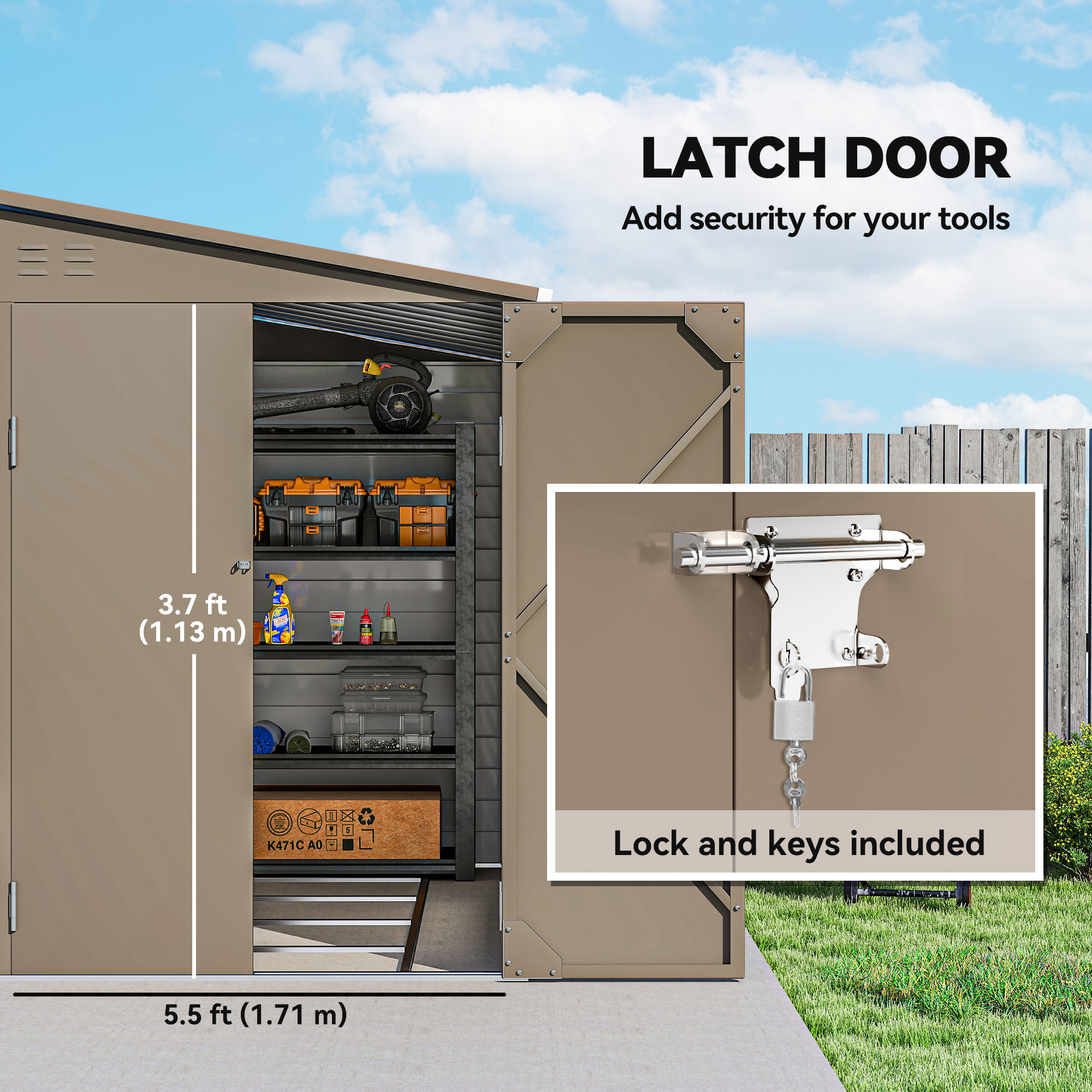 Outsunny 5 x 9ft Galvanised Metal Garden Shed with Foundation Kit, Outdoor Lean-to Shed, Tool Storage House with Lockable Doors, Gloves and 2 Air Vents for Patio, Garden, Brown 7