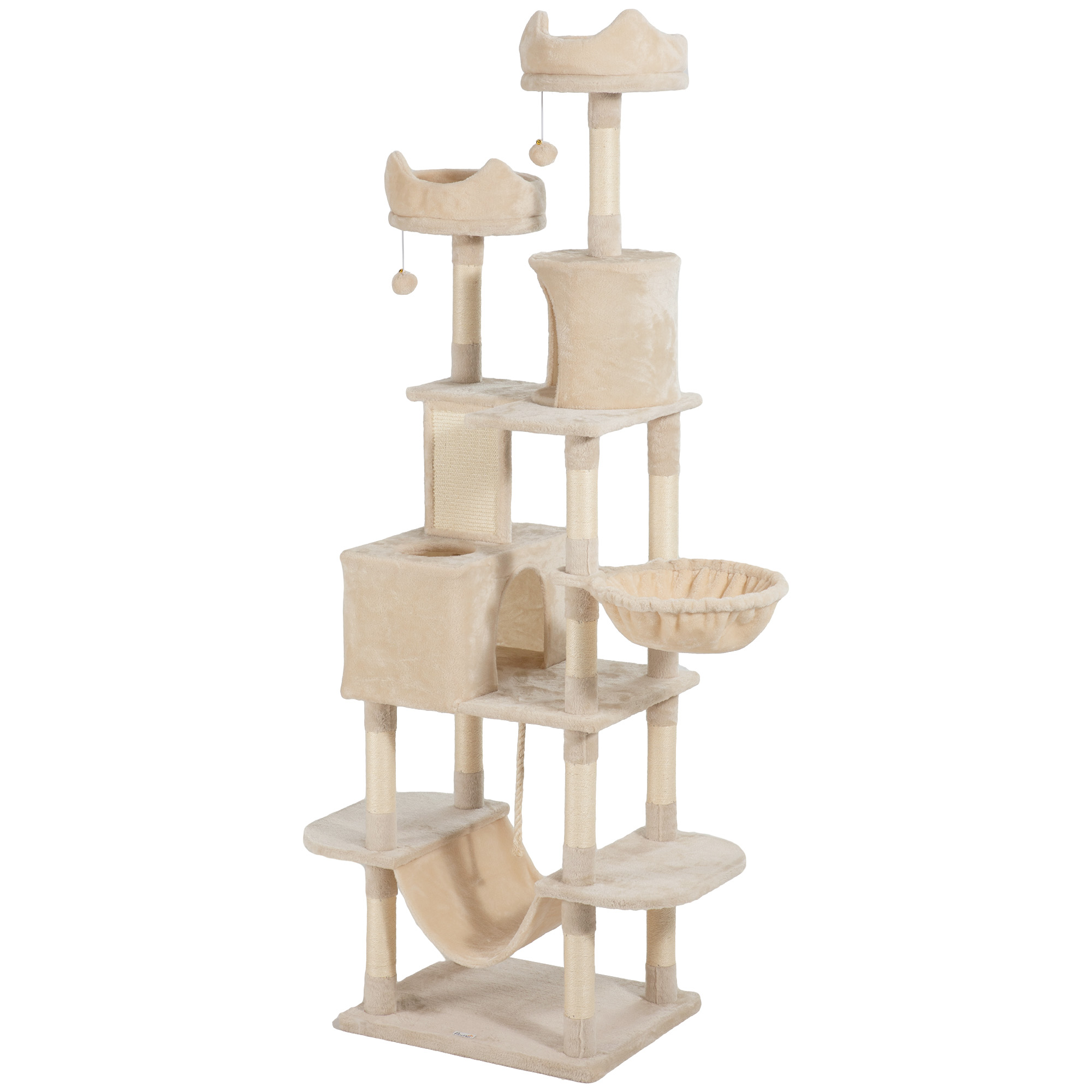 PawHut Árbol Rascador para Gatos Grande Altura 206 cm con Múltiples Niveles Cuevas Bolas Colgantes y Hamacas Beige