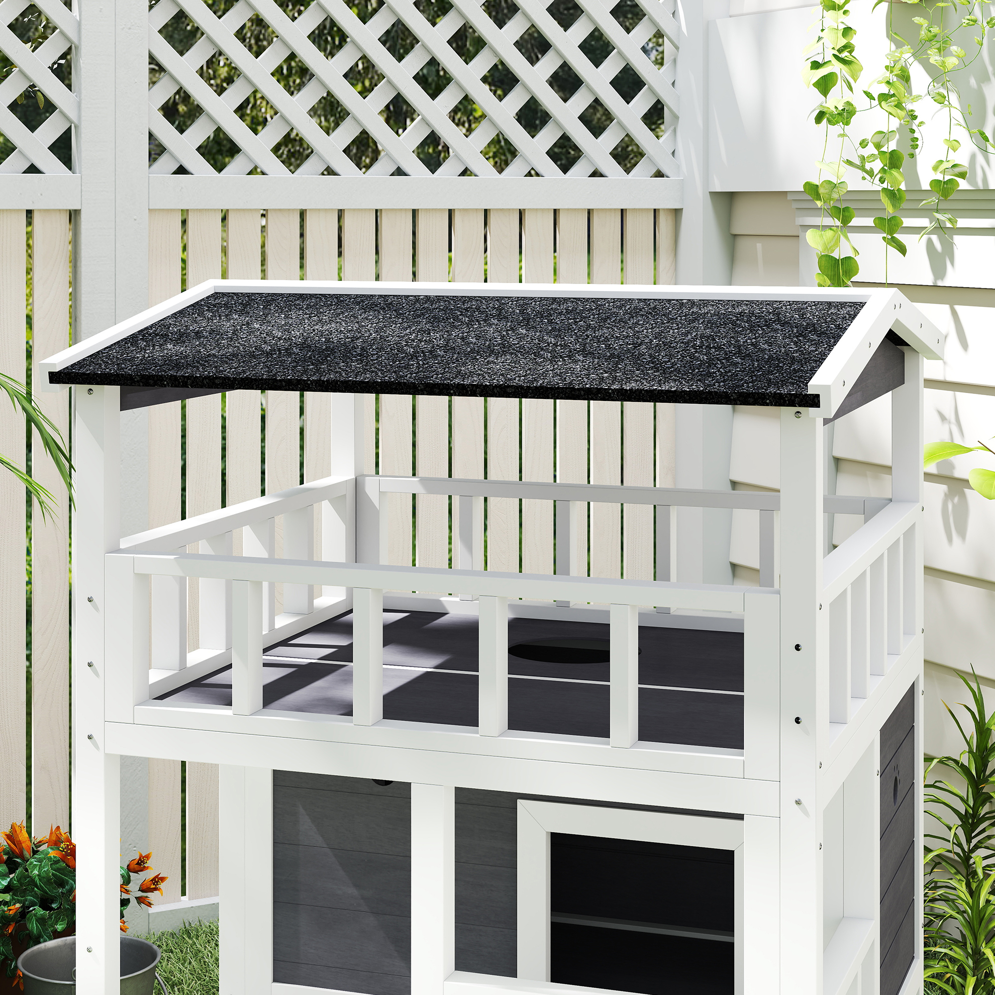 PawHut Wooden Outdoor Cat House, 3-Tier Cat Shelter with Tilted Roof, Terrace, Jump Step, Bottom Tray and Elevated Base, Waterproof Paint, Grey 9