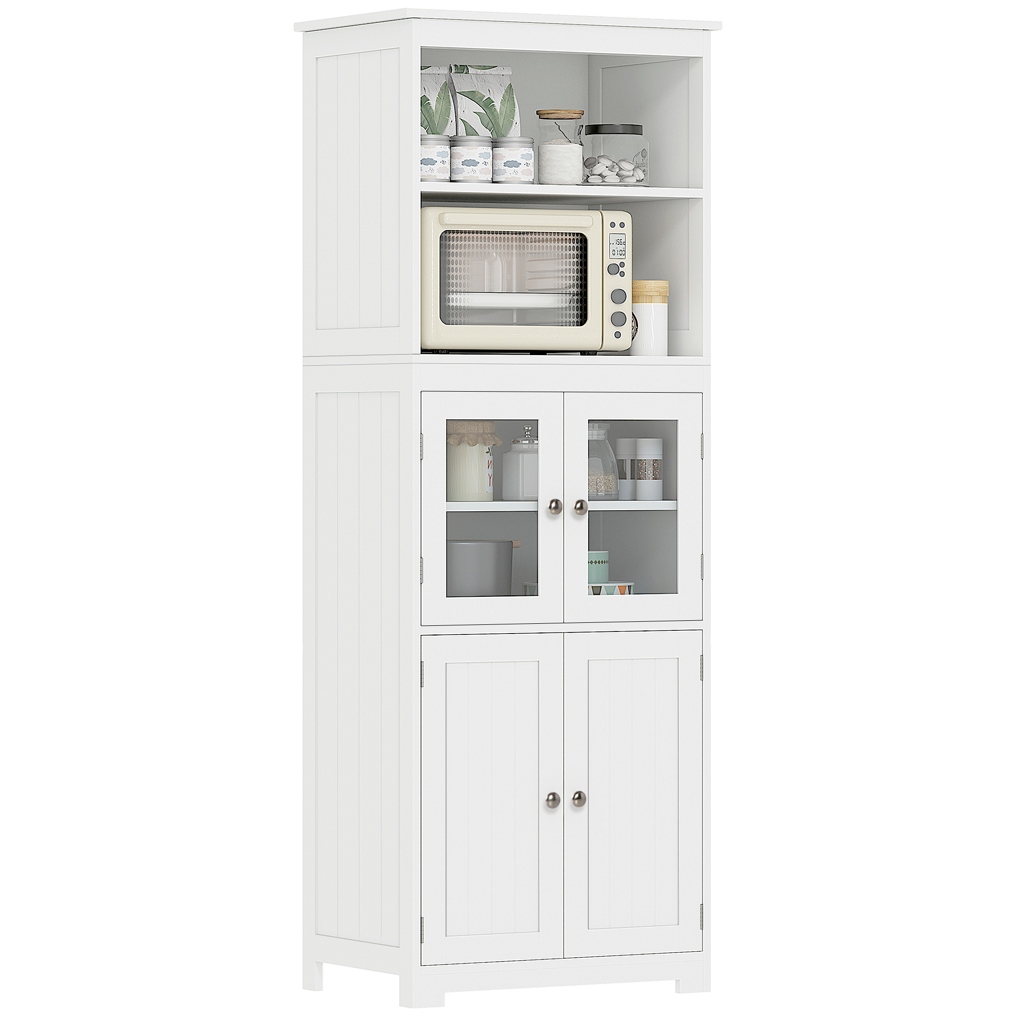 HOMCOM Dulap Camara Bucătărie, 2 Rafturi Deschise, 2 Dulapuri cu Uși, MDF și Sticlă Securizată, 60x30x162 cm, Alb | Aosom Romania