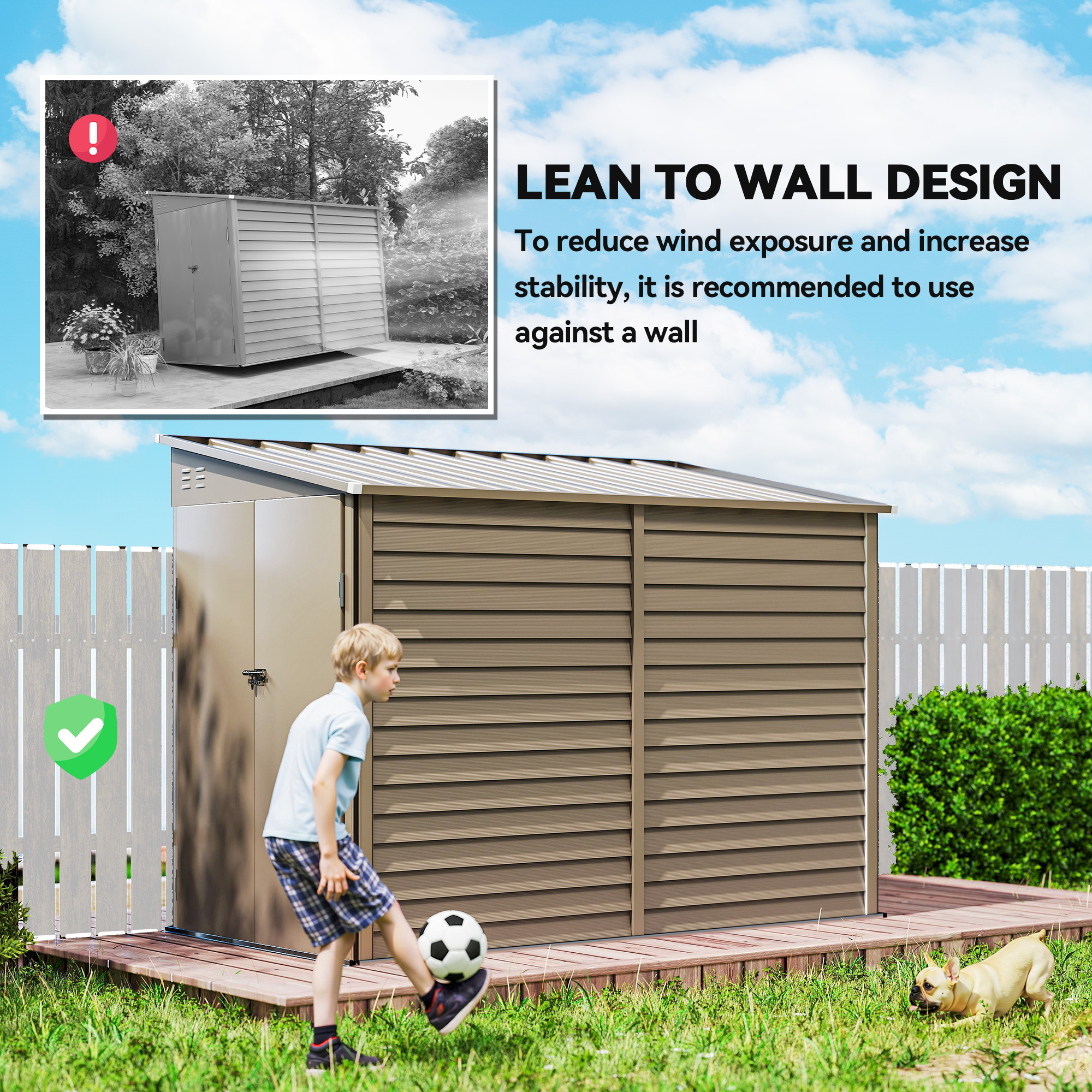Outsunny 5 x 9ft Galvanised Metal Garden Shed with Foundation Kit, Outdoor Lean-to Shed, Tool Storage House with Lockable Doors, Gloves and 2 Air Vents for Patio, Garden, Brown 6