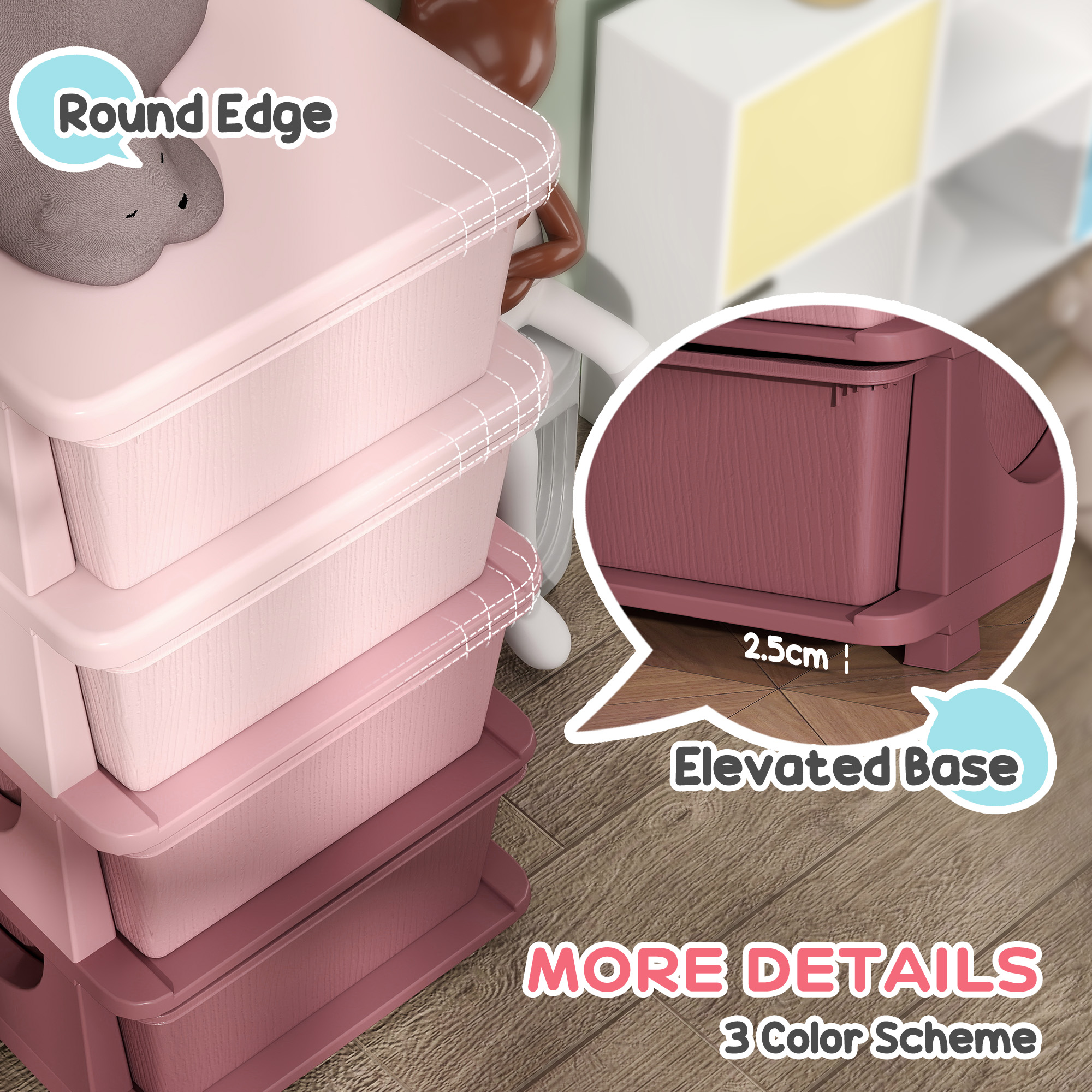 HOMCOM Four-Tier Kids Storage Boxes, with Four Drawers, Pink 5