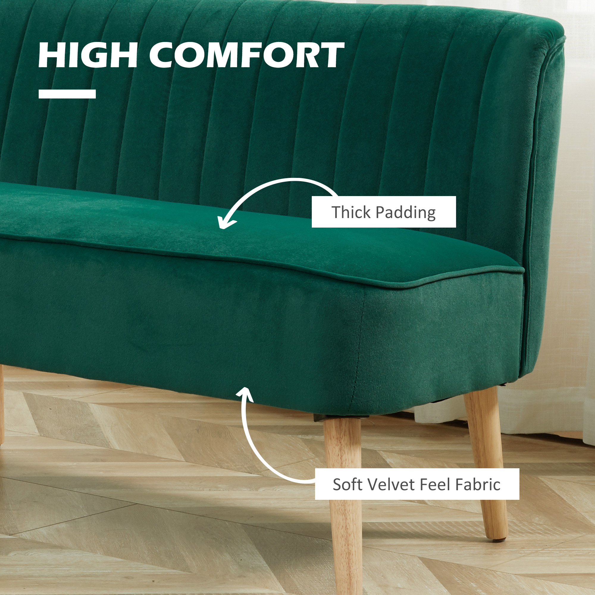 HOMCOM Modern Velvet Double Seat Sofa w/ Wood Frame Foam Padding High Back Soft Comfortable Compact Couch Green 4