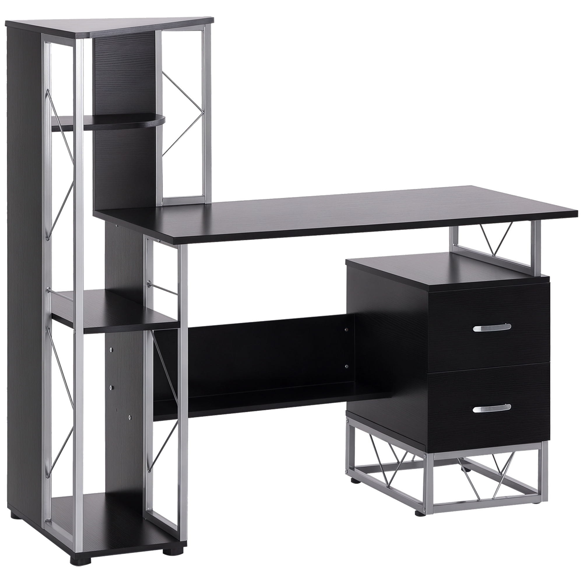 Homcom Bureau Informatique Design Industriel Multi-Rangements Bibliothèque 3 Etagères + 2 Tiroirs MDF Métal 133 x 155 x 123 cm Noir