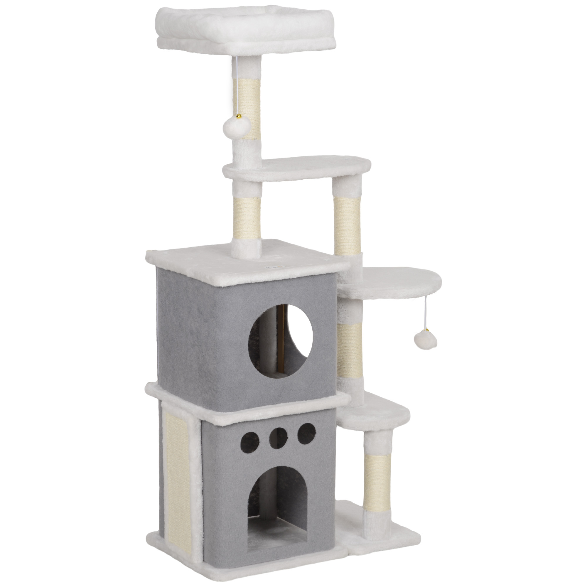 PawHut Rascador para Gatos 126 cm Torre para Gatos con Nidos Plataformas Bolas Colgantes y Postes de Sisal Crema