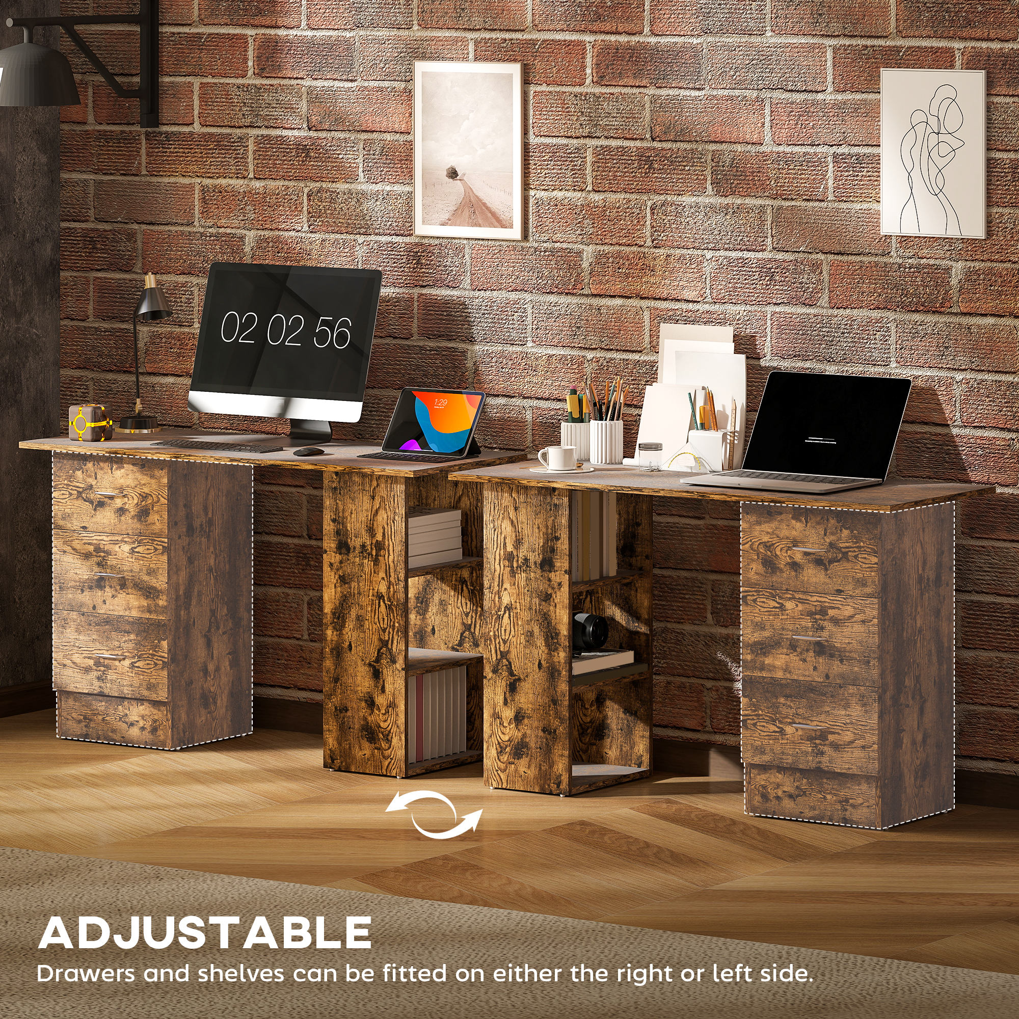 HOMCOM Computer Desk, Writing Table, PC Workstation with 3 Storage Shelves and Drawers, Silver Handle, for Home Office, Rustic Brown 6