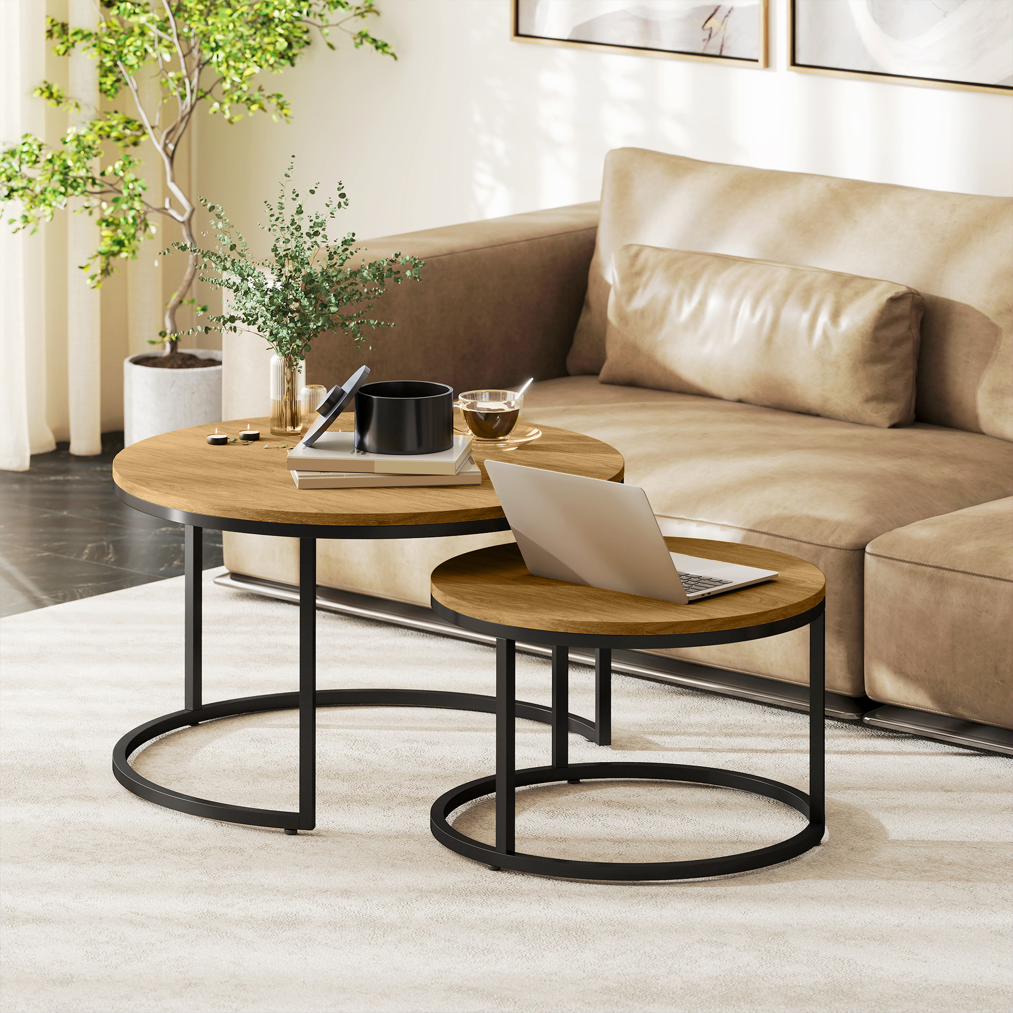 HOMCOM Set mit 2 ineinander verstaubbaren Beistelltischen, runder Couchtisc günstig online kaufen