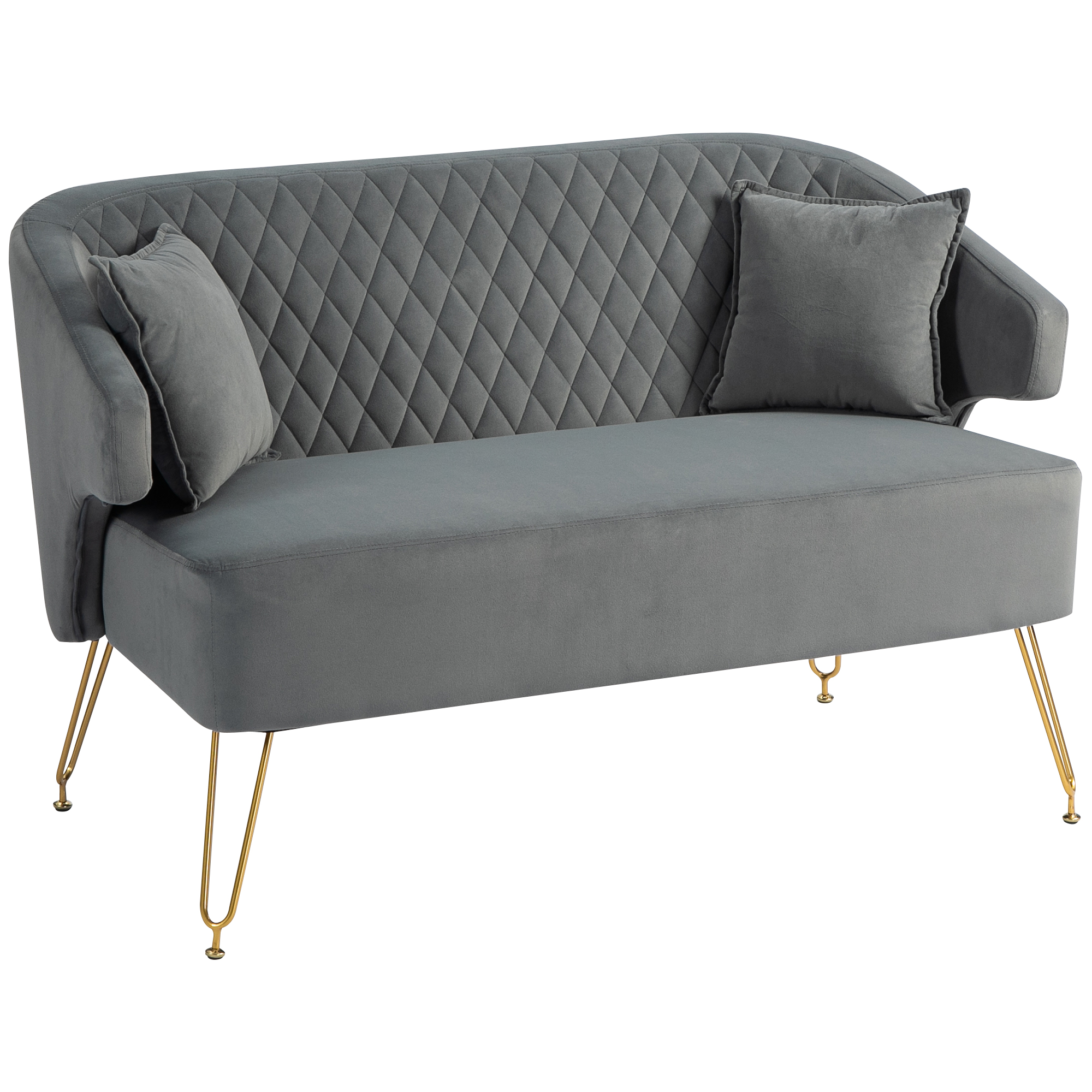 HOMCOM Sofá de 2 Plazas Tapizado en Terciopelo con 2 Almohadas Reposabrazos y Patas de Acero Carga 240 kg 124x69x76 cm Gris