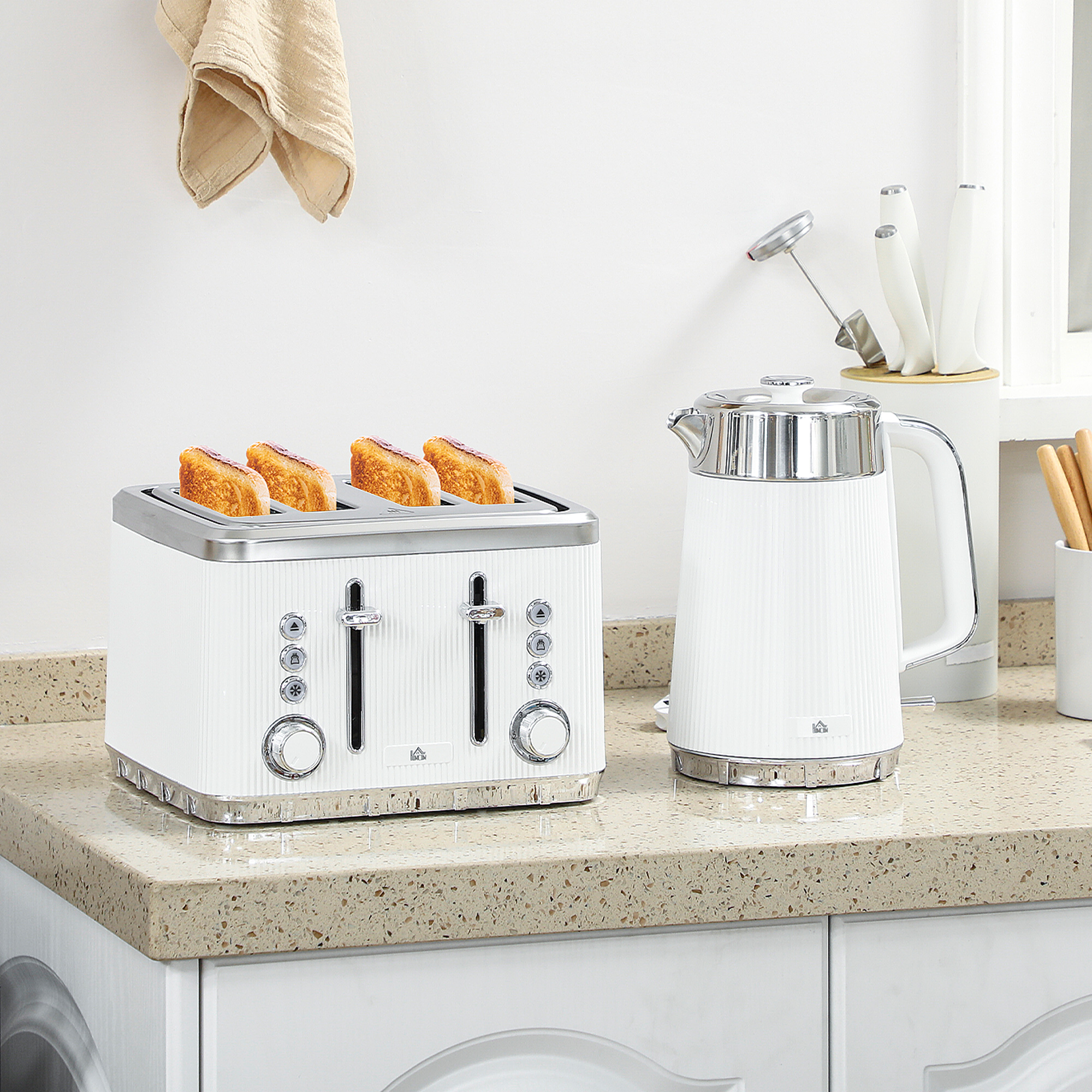 HOMCOM Electric Kettle and Toaster Set, 3000W 1.7L UK Strix Thermostat Rapid Boil Jug Kettle with Limescale Filter, Cool Touch Body, 4 Slice Toaster with 7 Browning Controls, Crumb Tray, White