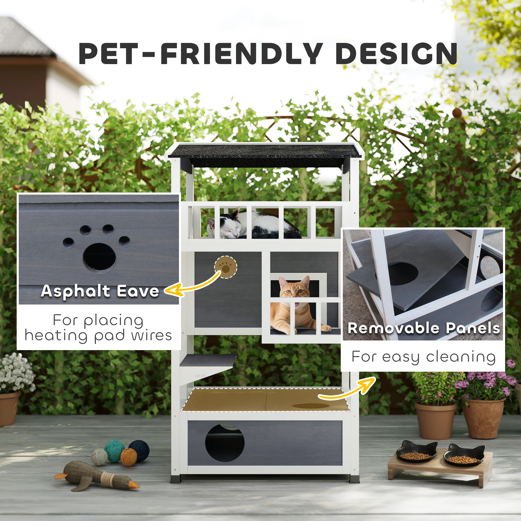 PawHut Wooden Outdoor Cat House, 3-Tier Cat Shelter with Tilted Roof, Terrace, Jump Step, Bottom Tray and Elevated Base, Waterproof Paint, Grey 7