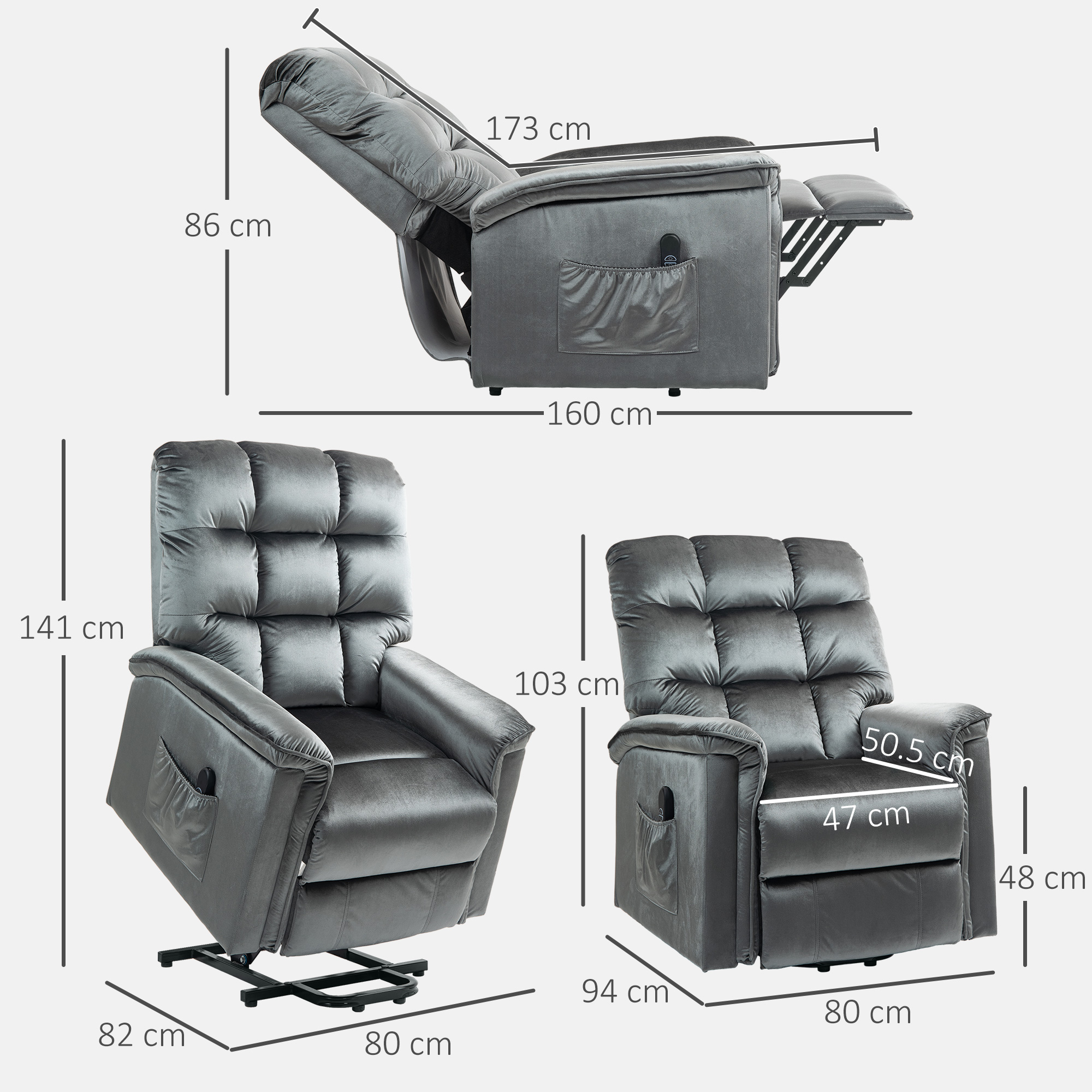 HOMCOM Velvet-Feel Electric Lift Recliner Chair Dark Grey 3