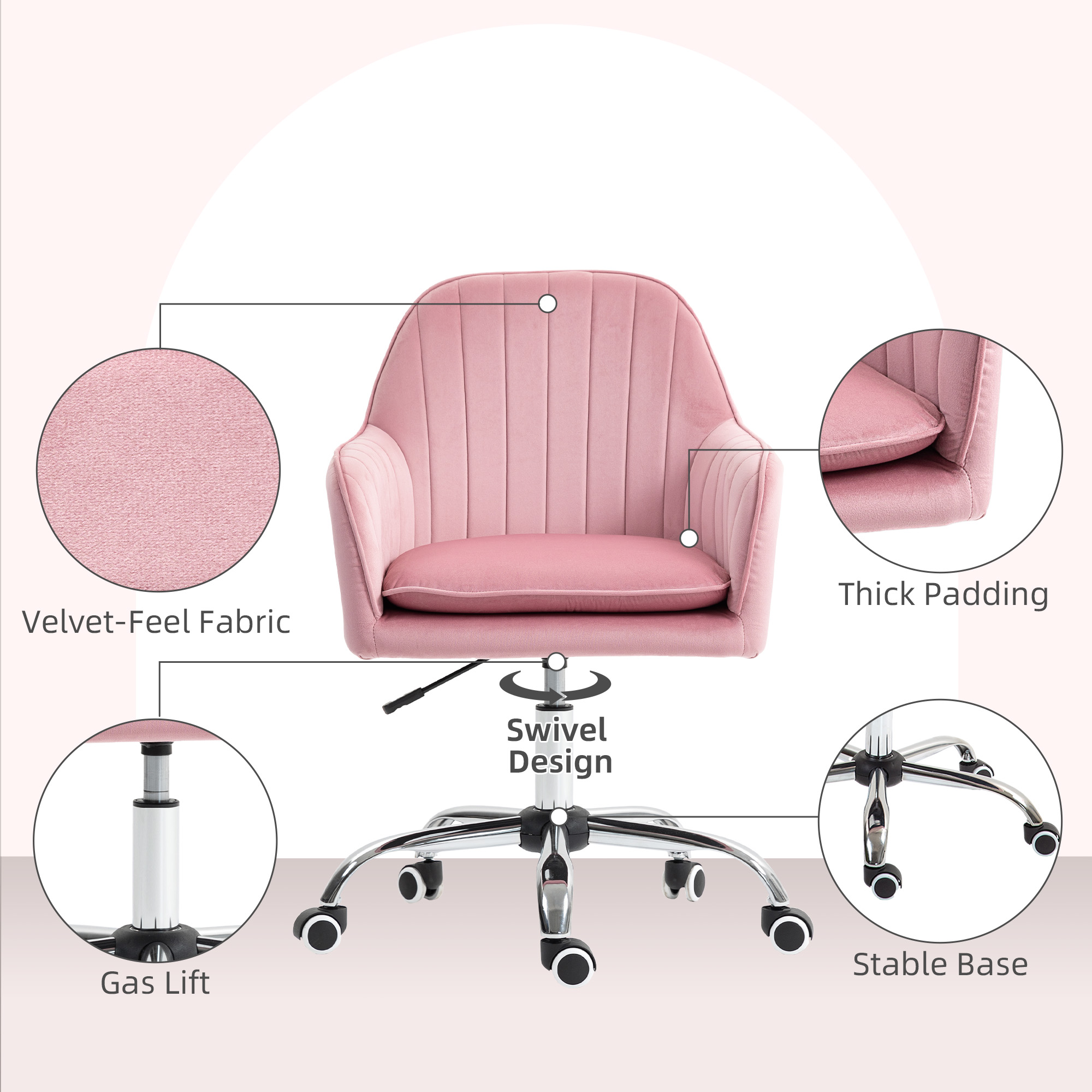 HOMCOM Velvet-Feel Tub Office Chair, with Seat Cushion Dark Pink 5