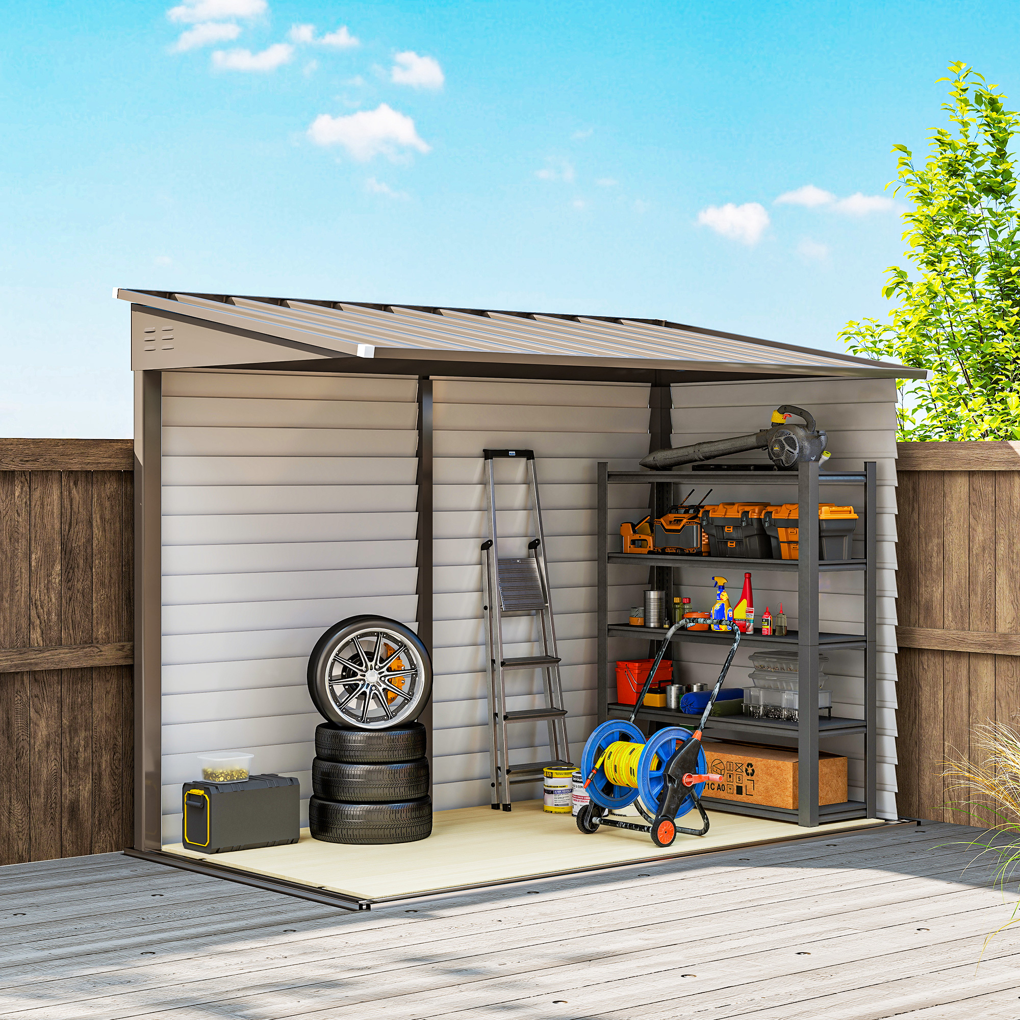 Outsunny 5 x 9ft Galvanised Metal Garden Shed with Foundation Kit, Outdoor Lean-to Shed, Tool Storage House with Lockable Doors, Gloves and 2 Air Vents for Patio, Garden, Brown 9