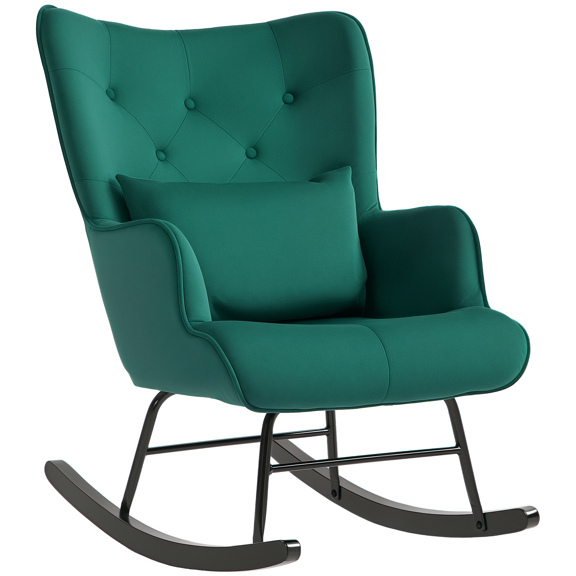Image of HOMCOM Sedia a Dondolo in Velluto Verde con Struttura in Legno e Schienale Alto Trapuntato a Bottoni con Cuscino e Braccioli Aosom cod005
