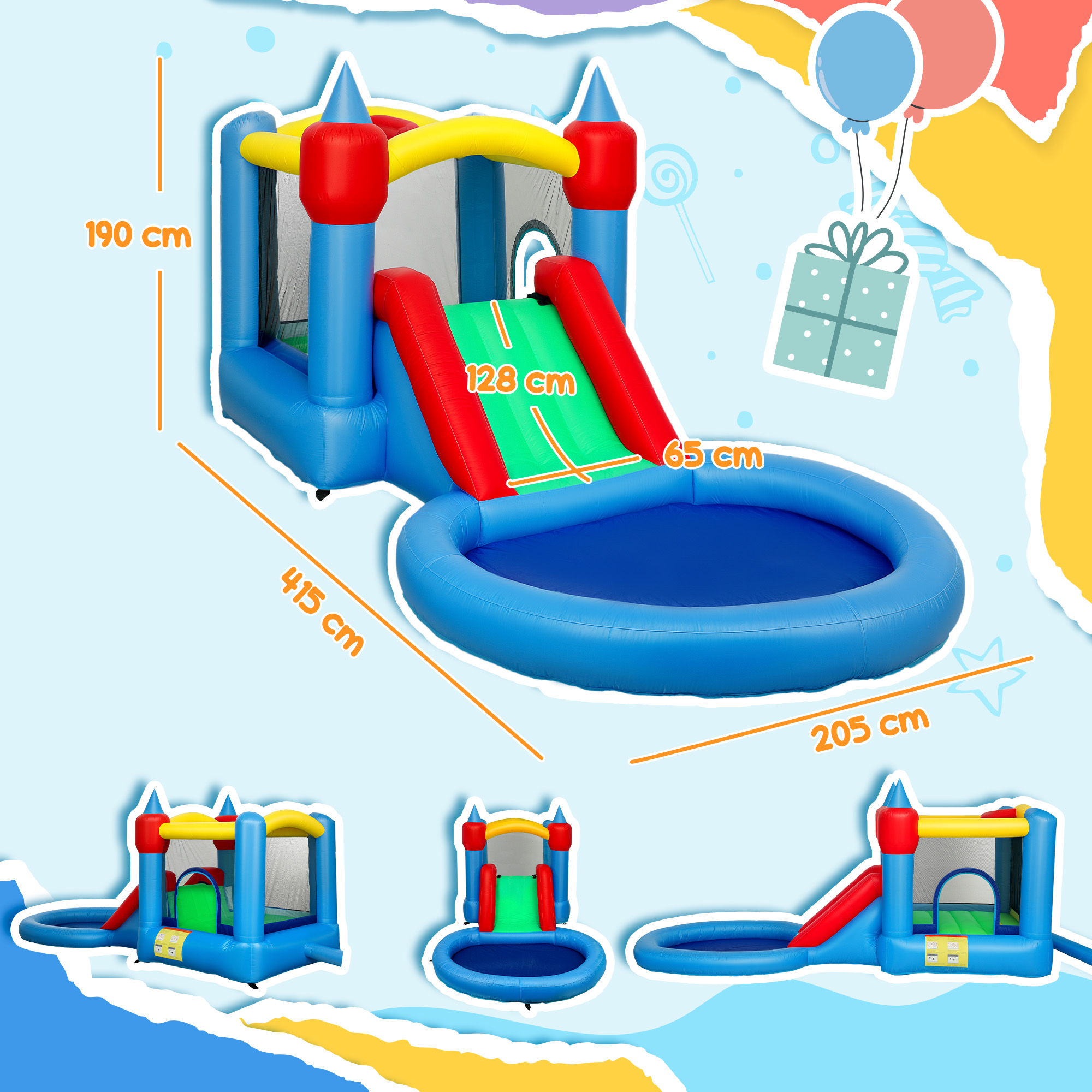 AIYAPLAY Castillo Hinchable Con Tobogán, Piscina De Bolas Y Cesta De Baloncesto, Diseño De Flamenco, Para 3-8 Años, Incluye Soplador De 370W, Medidas 255x230x196 Cm