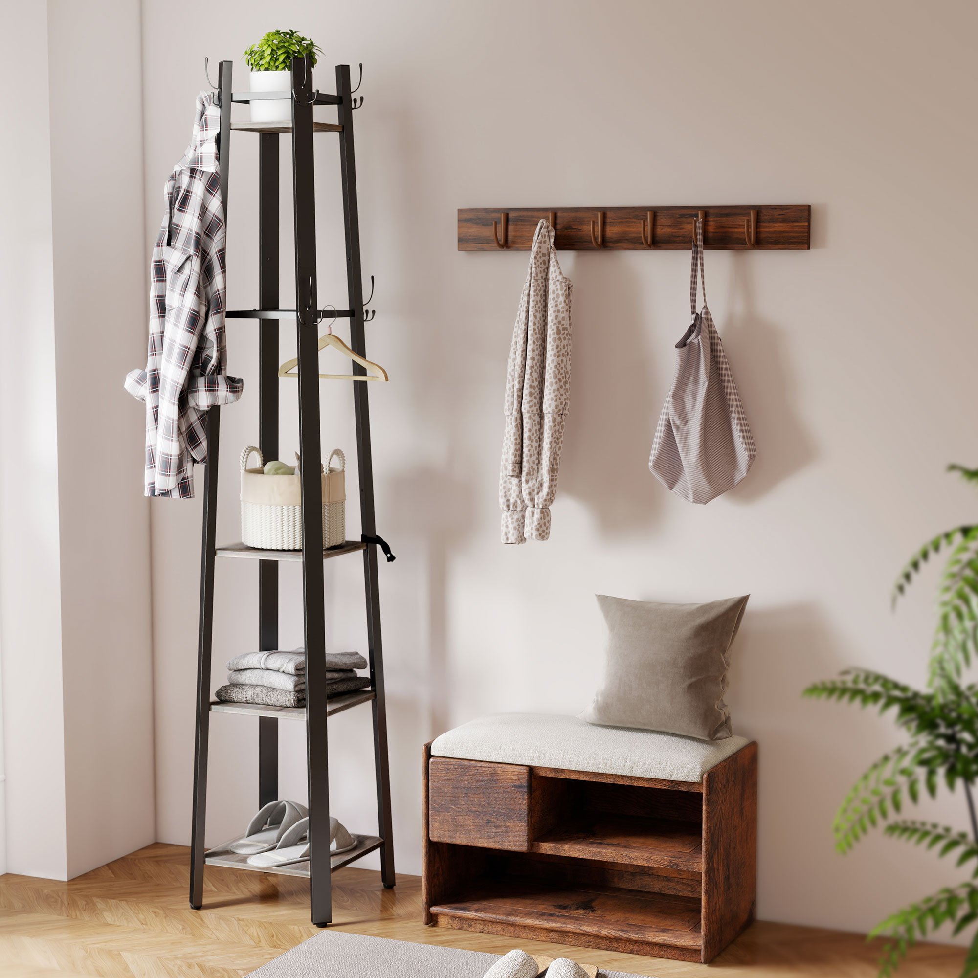 HOMCOM Industrial Coat Stand with 8 Hooks and 4 Shelves - Grey