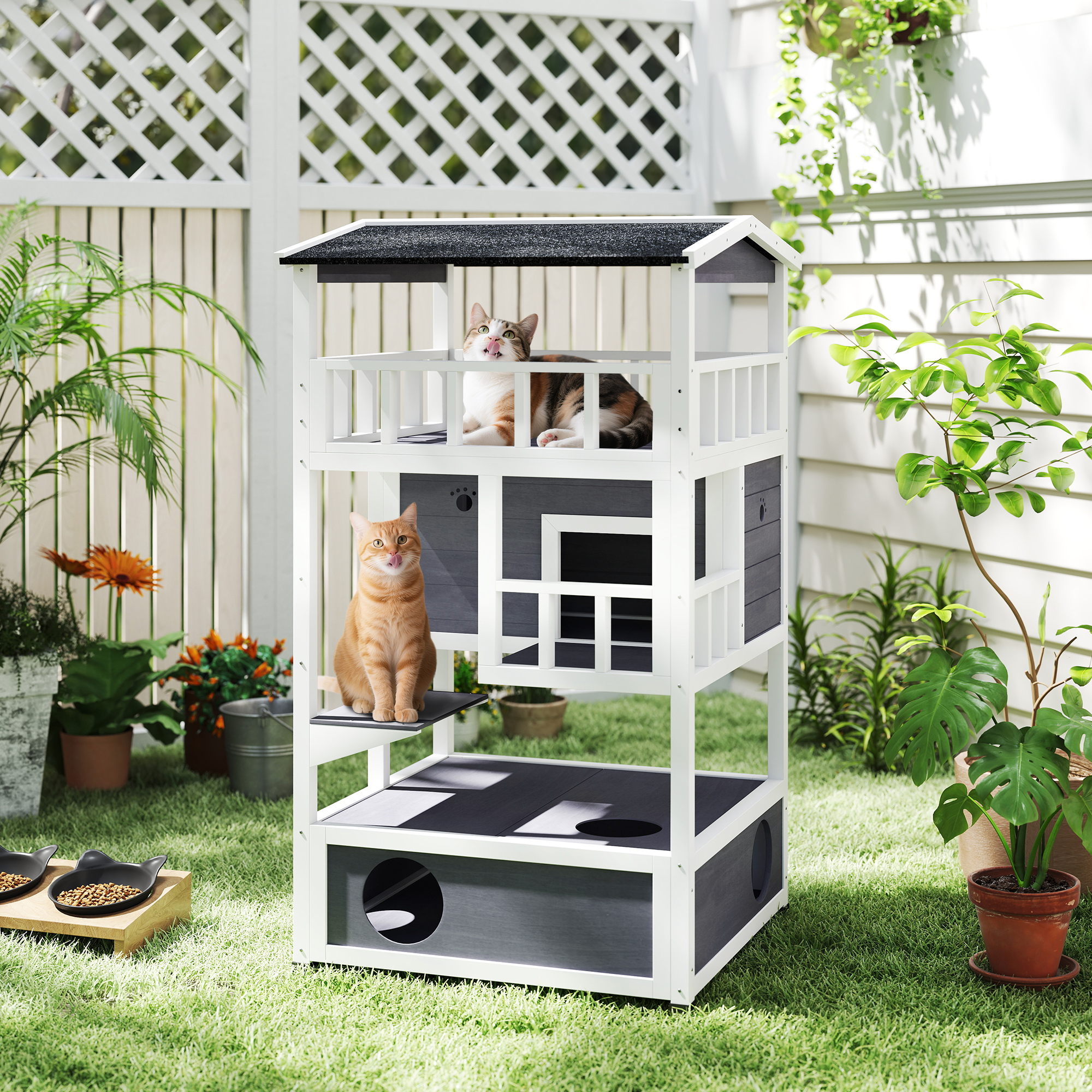 PawHut Wooden Outdoor Cat House, 3-Tier Cat Shelter with Tilted Roof, Terrace, Jump Step, Bottom Tray and Elevated Base, Waterproof Paint, Grey 2