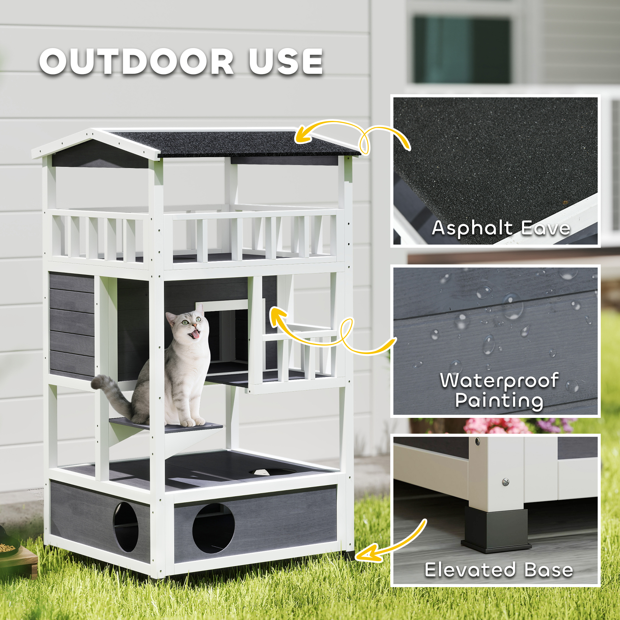 PawHut Wooden Outdoor Cat House, 3-Tier Cat Shelter with Tilted Roof, Terrace, Jump Step, Bottom Tray and Elevated Base, Waterproof Paint, Grey 6