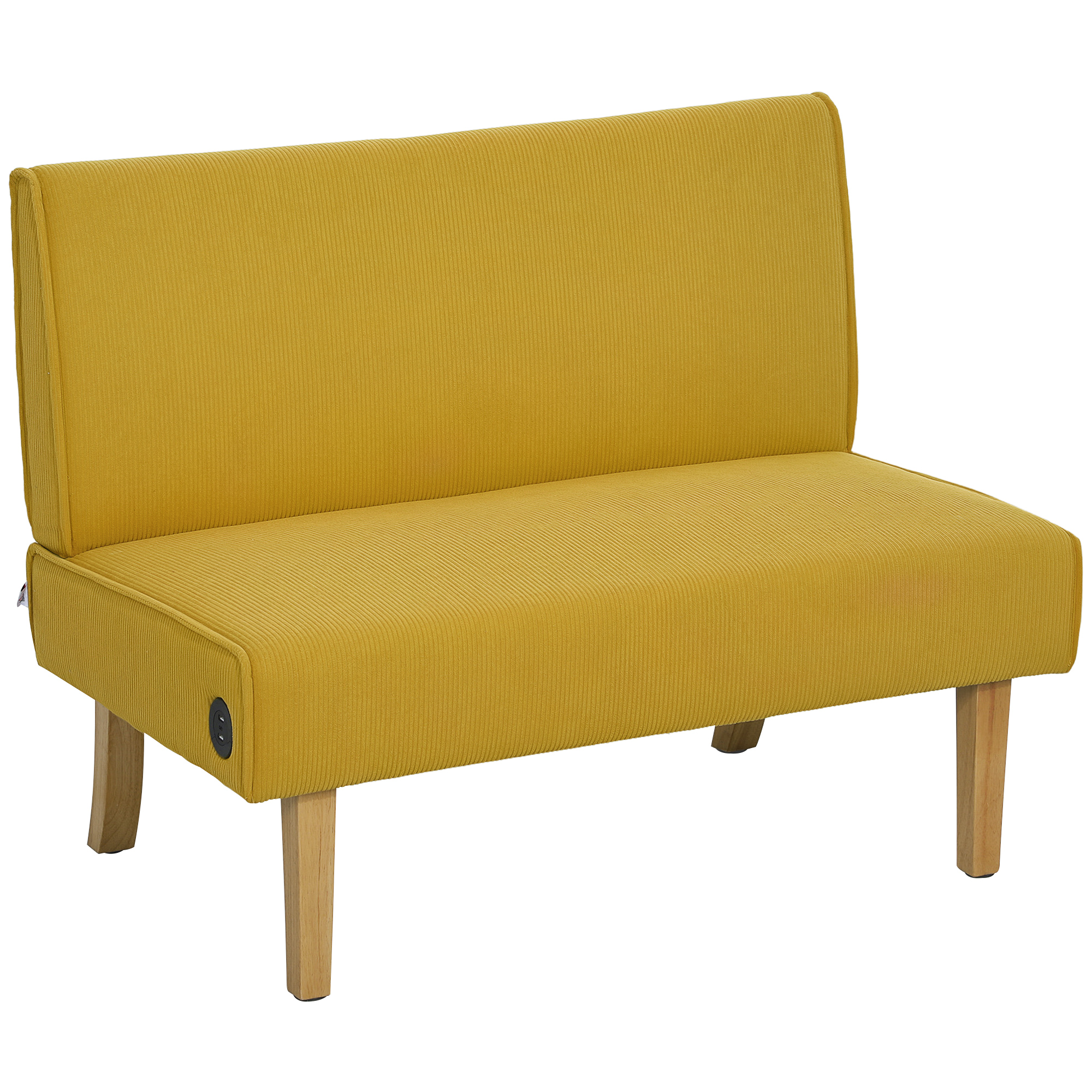 HOMCOM Sofá de 2 Plazas Tapizado en Pana con 2 Puertos USB 1 Puerto Tipo-C y Patas de Madera Carga 240 kg 110x60x85 cm Amarillo
