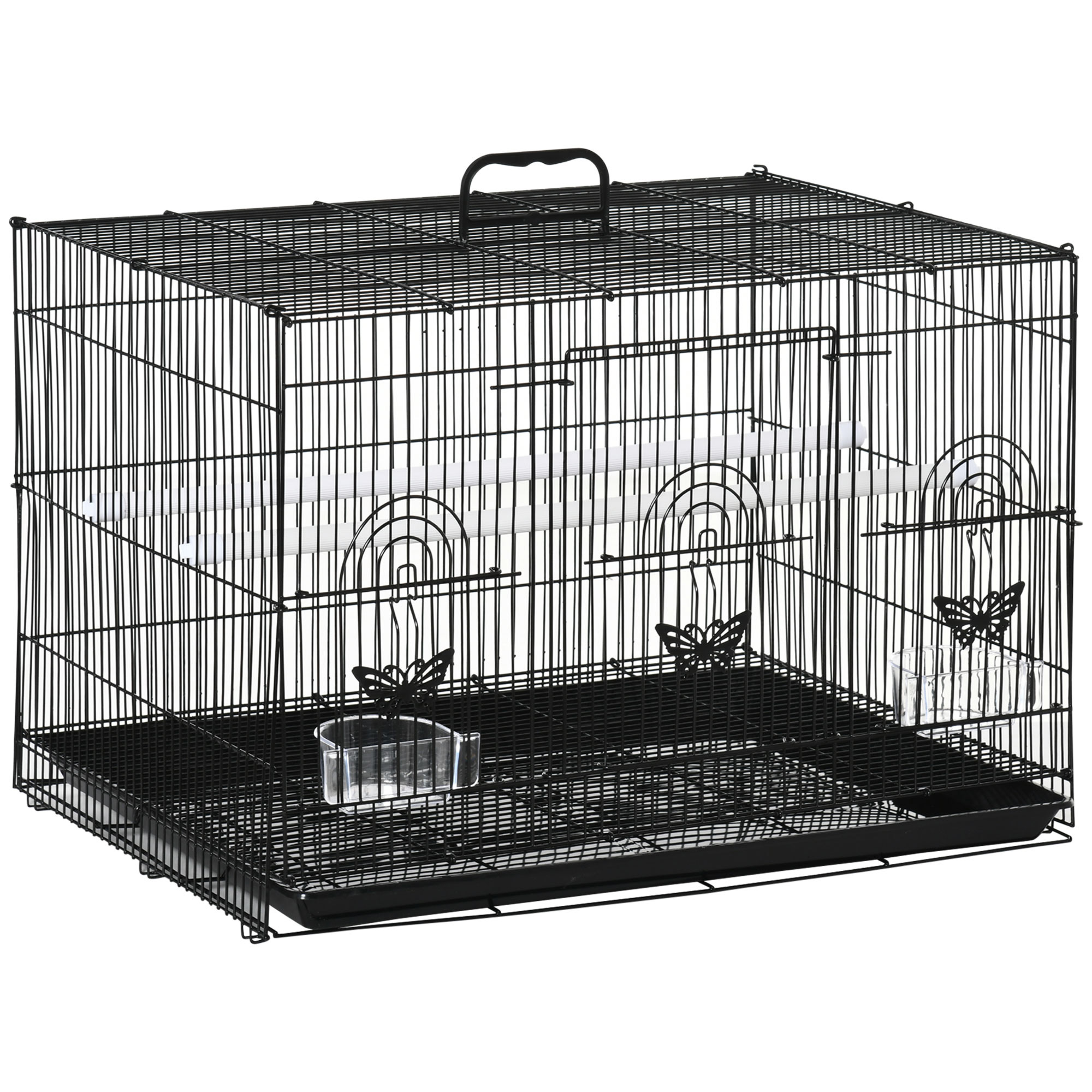 PawHut Jaula para Pájaros 60x41x41 cm Pajarera de Metal con Comederos 2 Perchas 3 Puertas y Asa de Transporte Pájaros Pequeños Negro | Aosom España