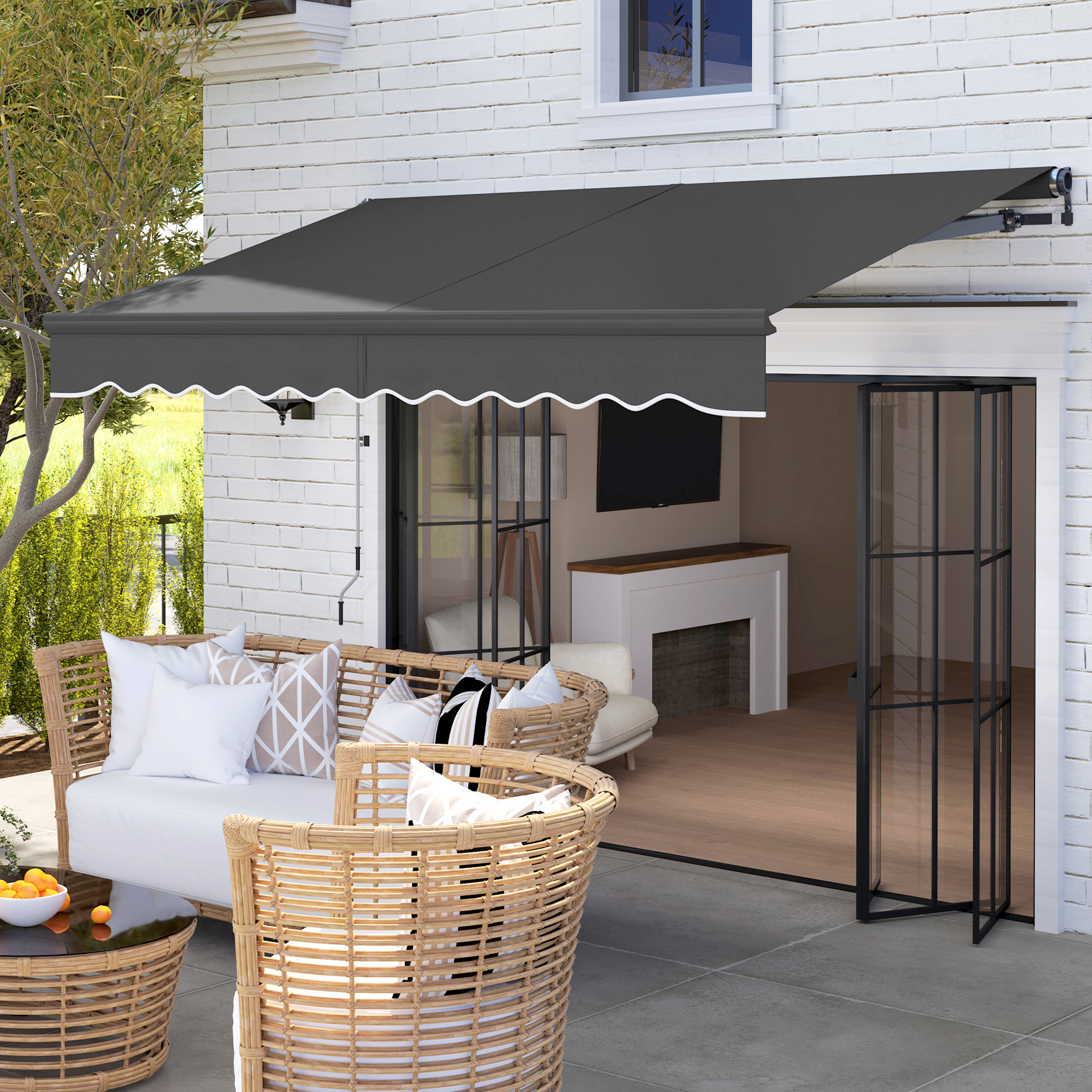 Outsunny 3 x 2.5m Electric Awning with Remote Controller, Aluminium Frame DIY Retractable Awning, UV30+ Sun Shade Canopy for Garden Patio Deck Door Window, Dark Grey