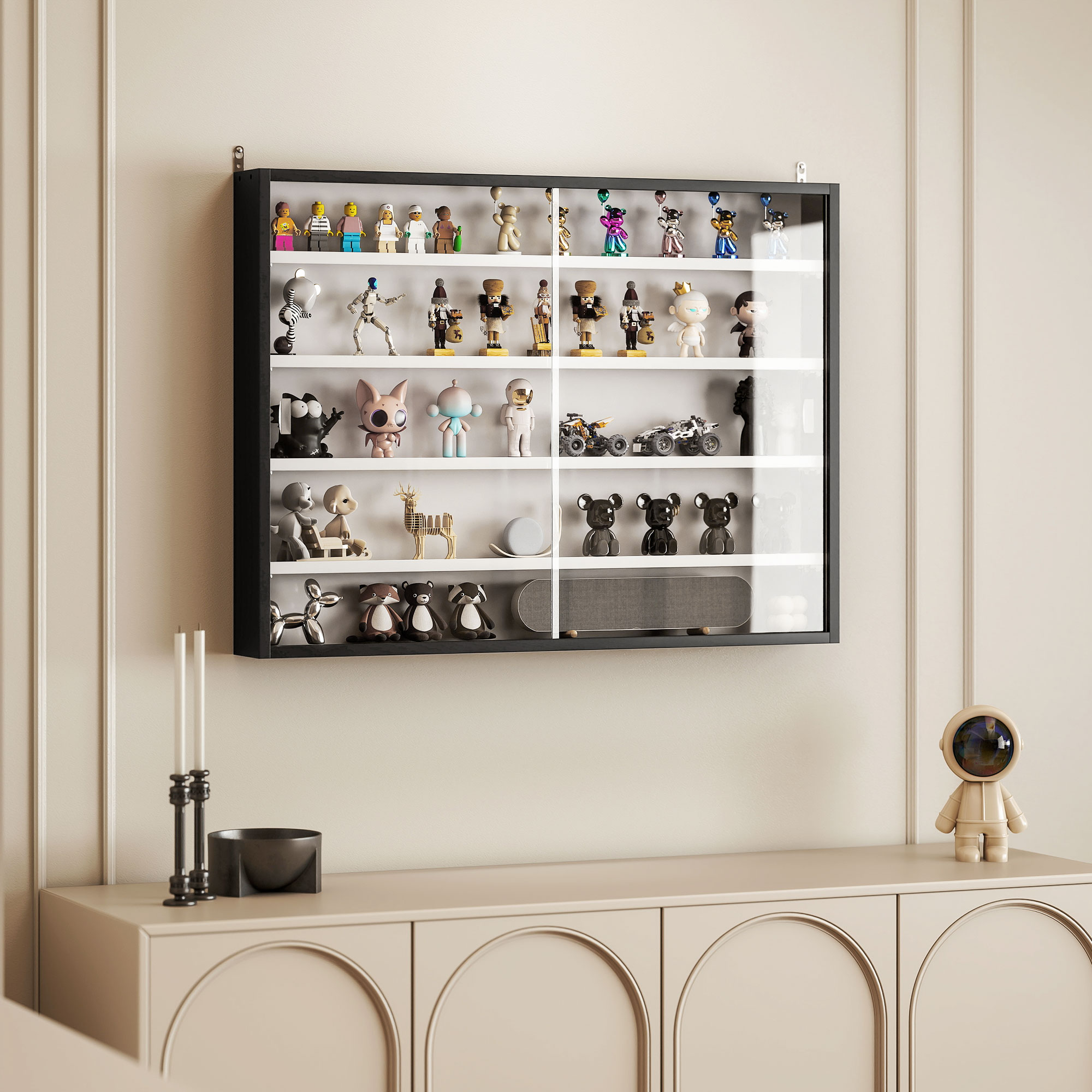 Vitrine Murale Pour Collection 80x83 Cm - 6 étagères Réglables, Portes Coulissantes En Verre, Couleur Chêne - 3