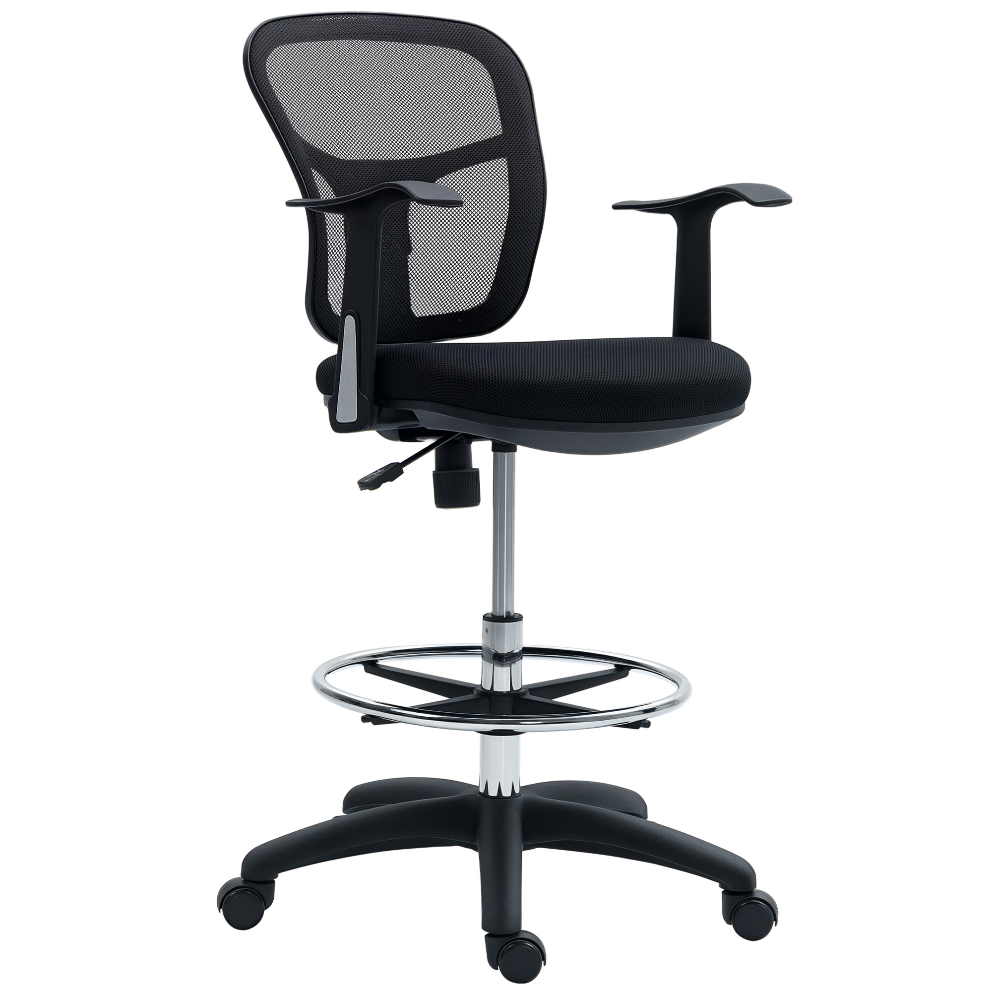 HOMCOM Scaun de Birou Rotativ cu Inel pentru Sprijinirea Picioarelor și Spătar Curbat, 55x58x94 cm, Negru | Aosom Romania