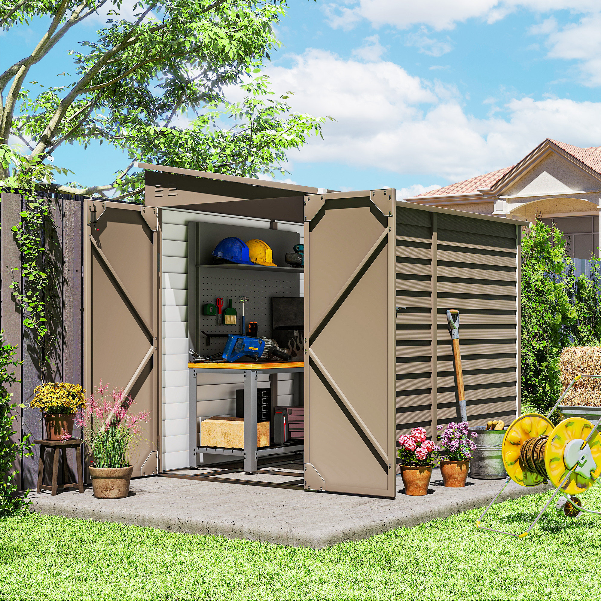Outsunny 5 x 9ft Galvanised Metal Garden Shed with Foundation Kit, Outdoor Lean-to Shed, Tool Storage House with Lockable Doors, Gloves and 2 Air Vents for Patio, Garden, Brown 2