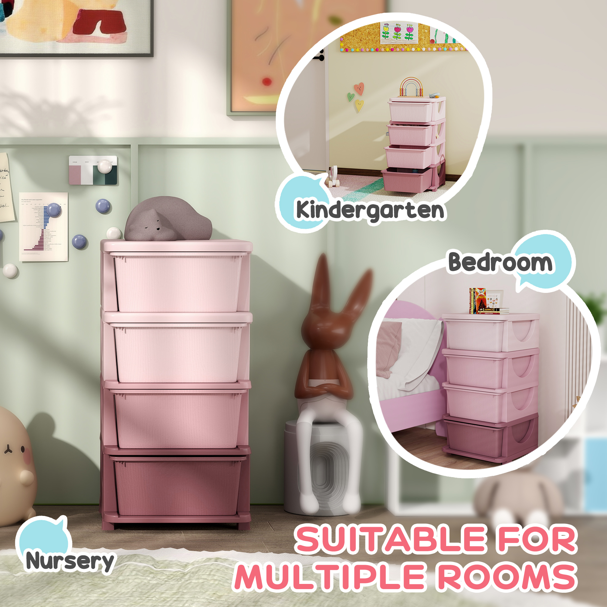 HOMCOM Four-Tier Kids Storage Boxes, with Four Drawers, Pink 6