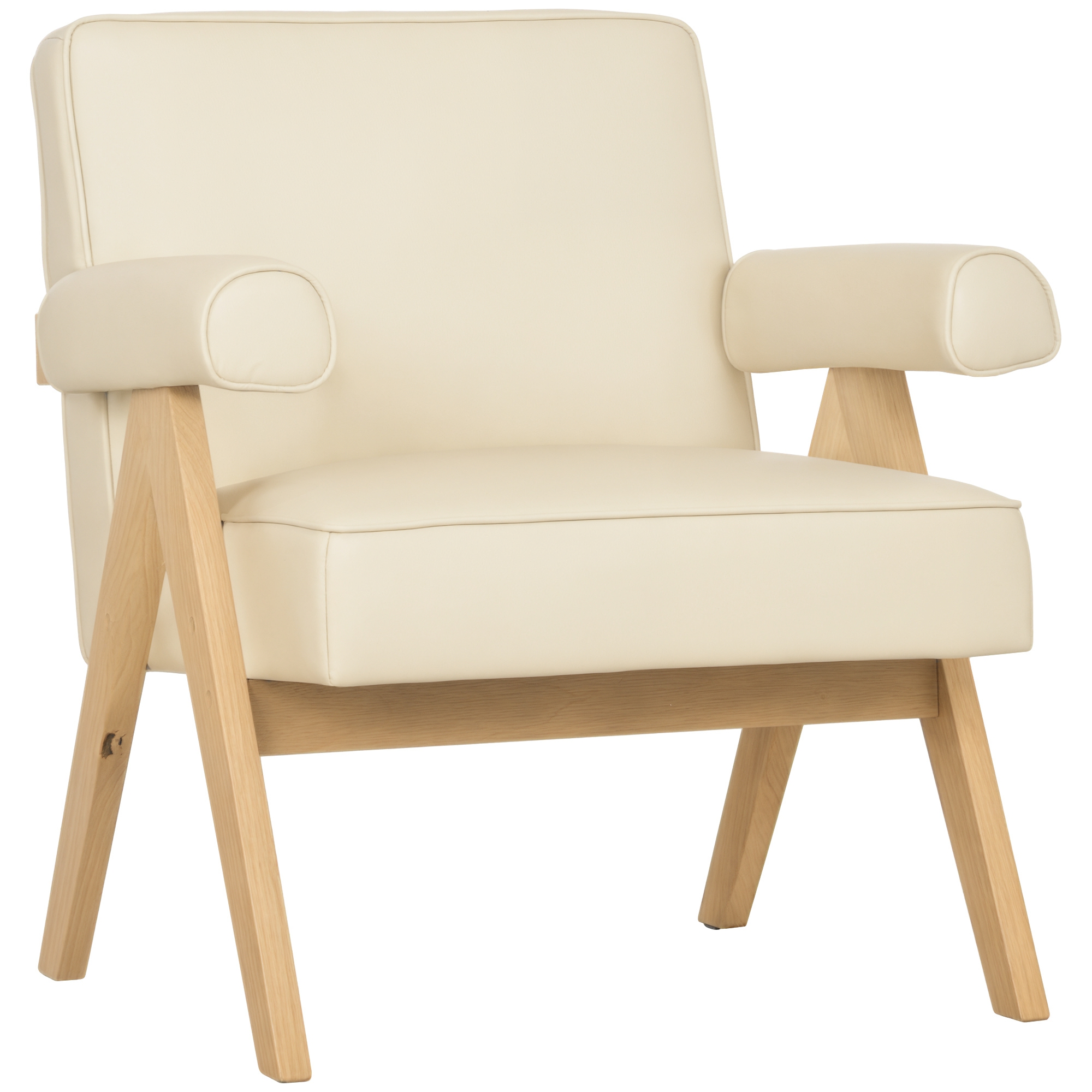 HOMCOM Sillón de Salón Tapizado en PU con Reposabrazos y Marco de Madera de Caucho para Dormitorio Carga 120 kg Crema