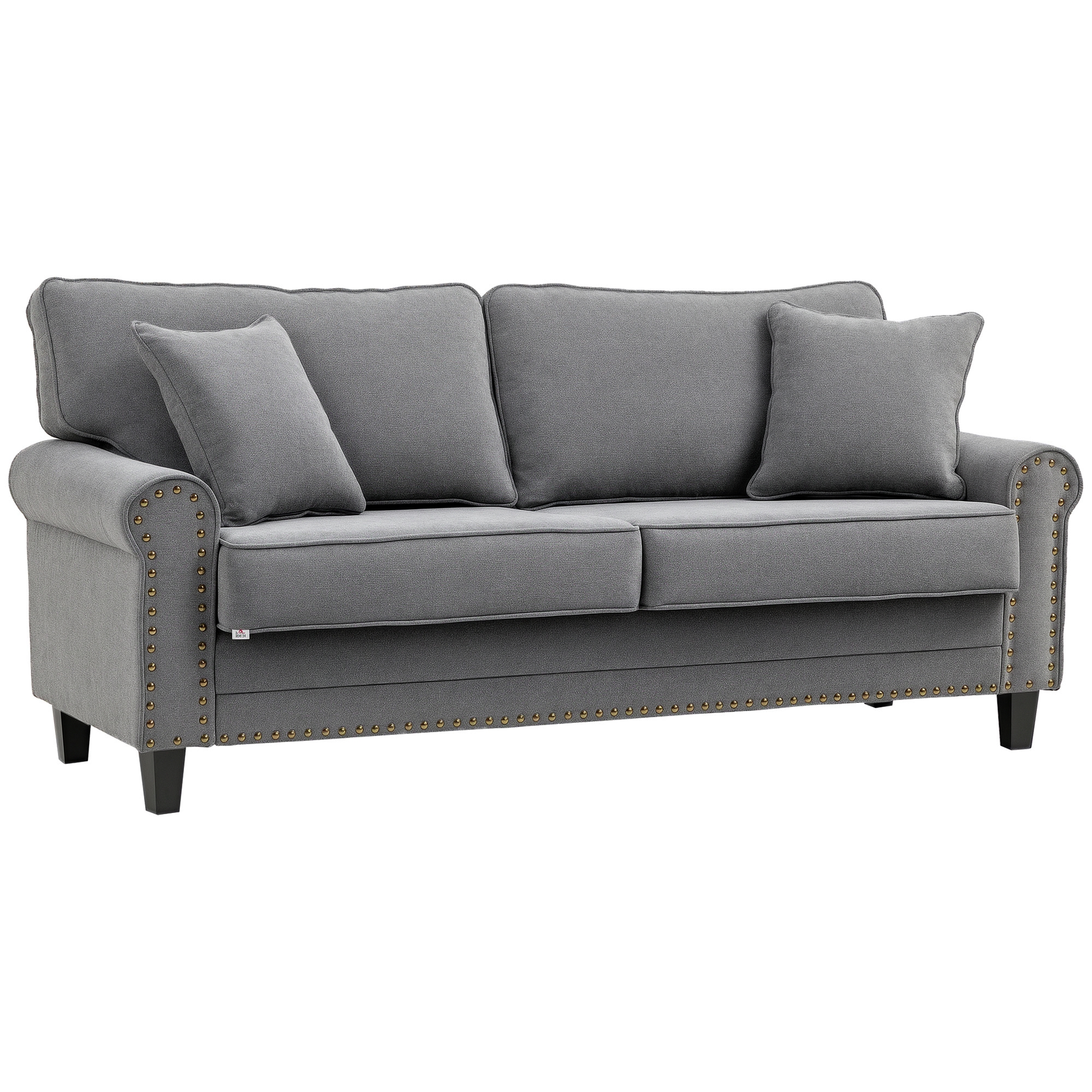 HOMCOM Sofá de 2 Plazas Elegante con Tachuelas Oro Envejecido Tapizado en Poliéster con 2 Cojines Decorativos 196x80,5x89 cm Gris | Aosom España