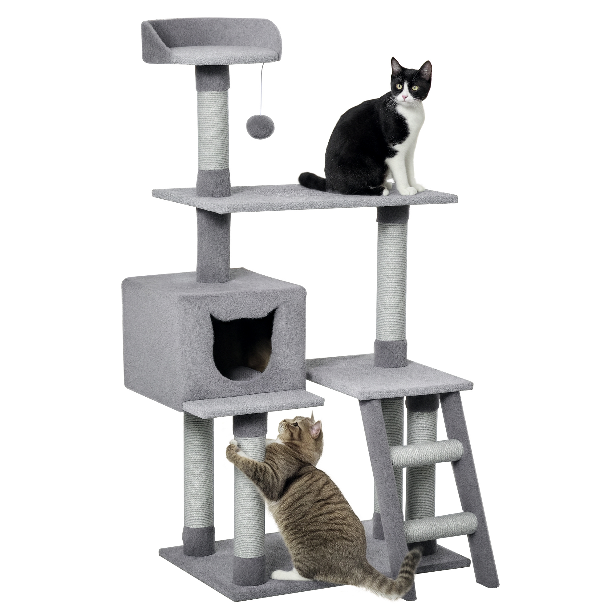 Image of PawHut Tiragraffi Palestra per Gatti Multilivello con Casetta Scala Piattaforme, Pali in Corda di Juta, Grigio, 60.5x40x124cm Aosom006