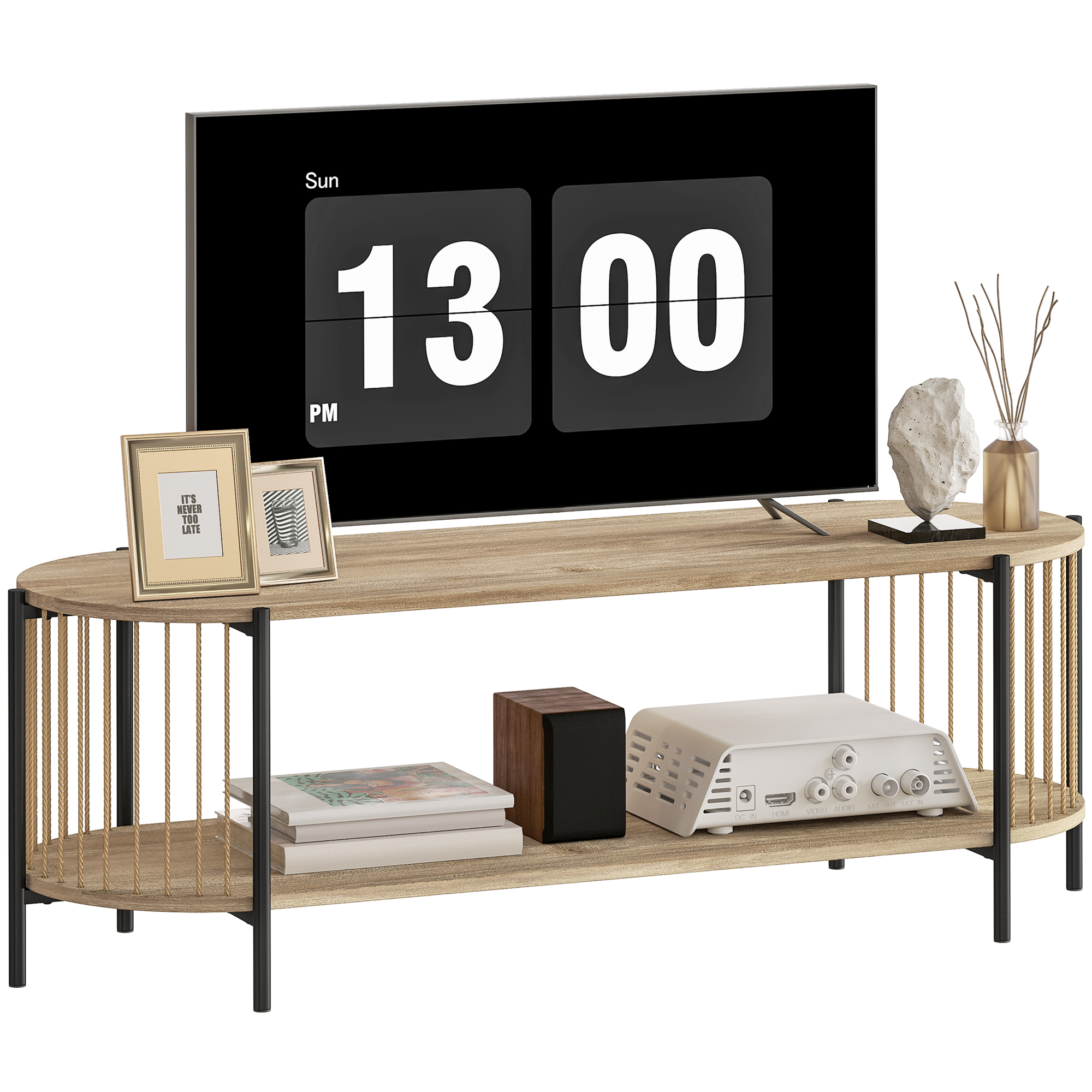 HOMCOM Mobile TV Stile Bohemien fino a 55 Pollici con Design in Corda di Carta e 2 Ripiani Aperti 124x43,5x41 cm Naturale   Aosom Italy