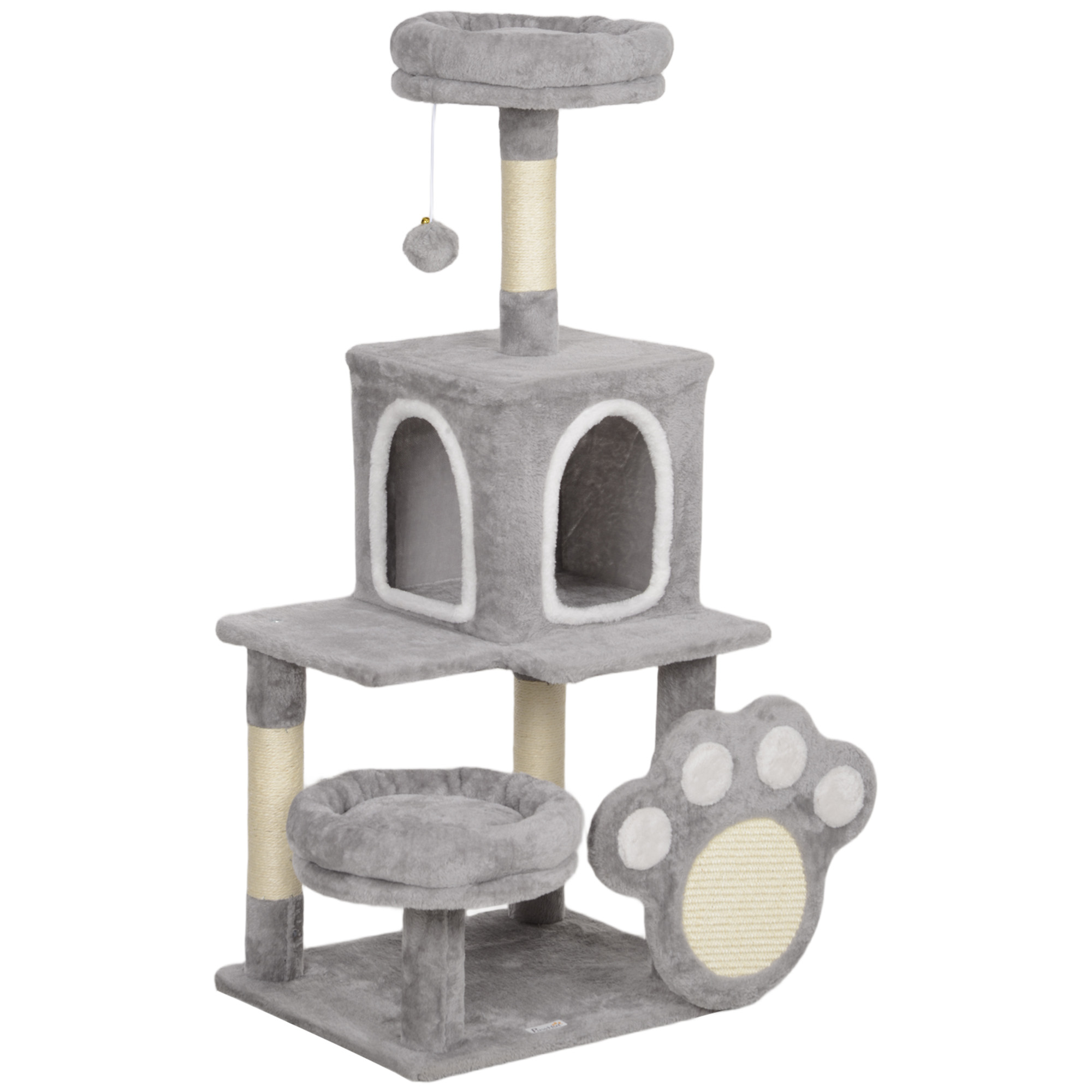 PawHut Árbol para gatos 110 cm Torre para Gatos con Nidos Cueva Plataforma Almohadilla de Rascado Bola Colgante Gris Claro