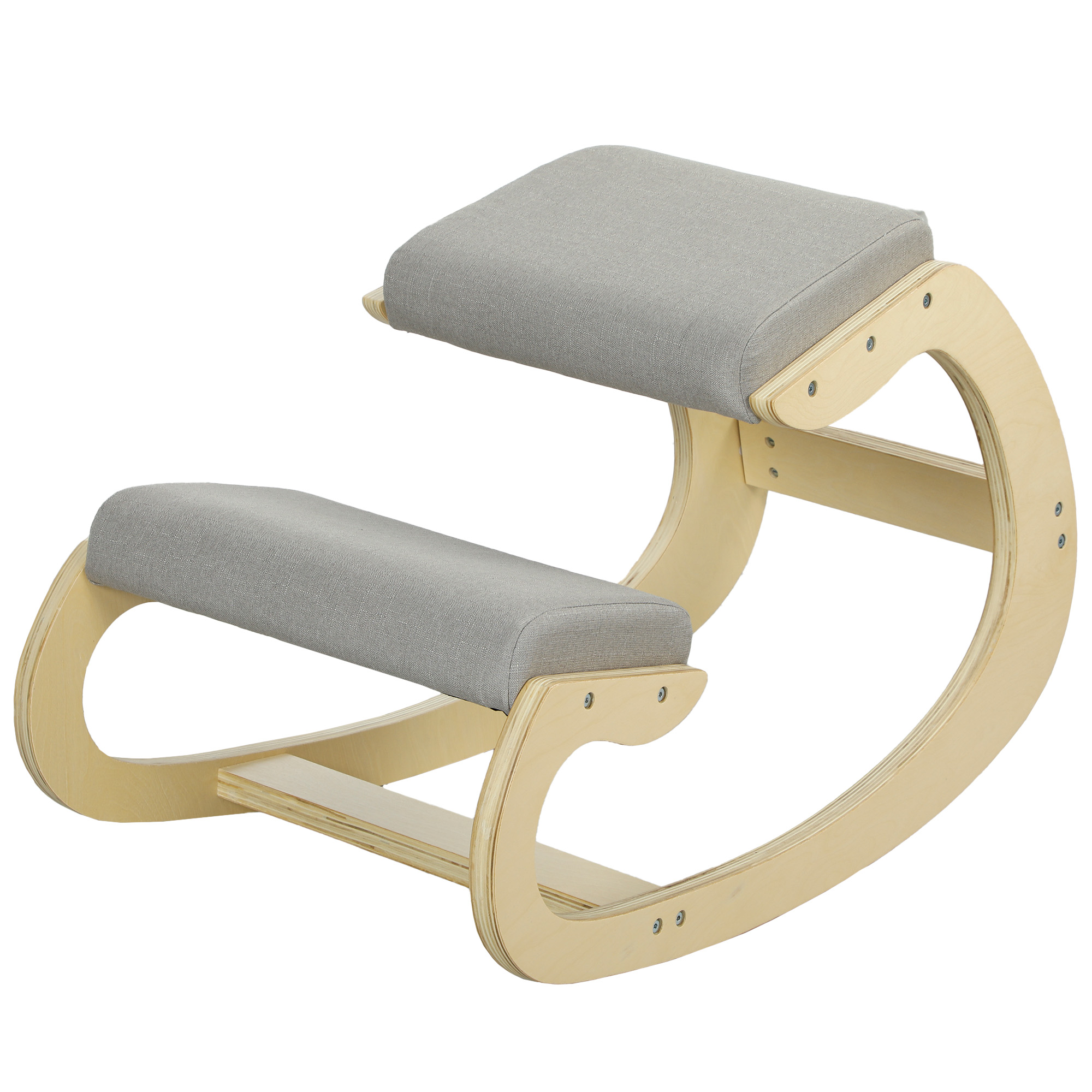 Chaise Ergonomique avec Inginocchiatoire et Inclinable, en Tissu Effet Lin et Bois, Gris Clair