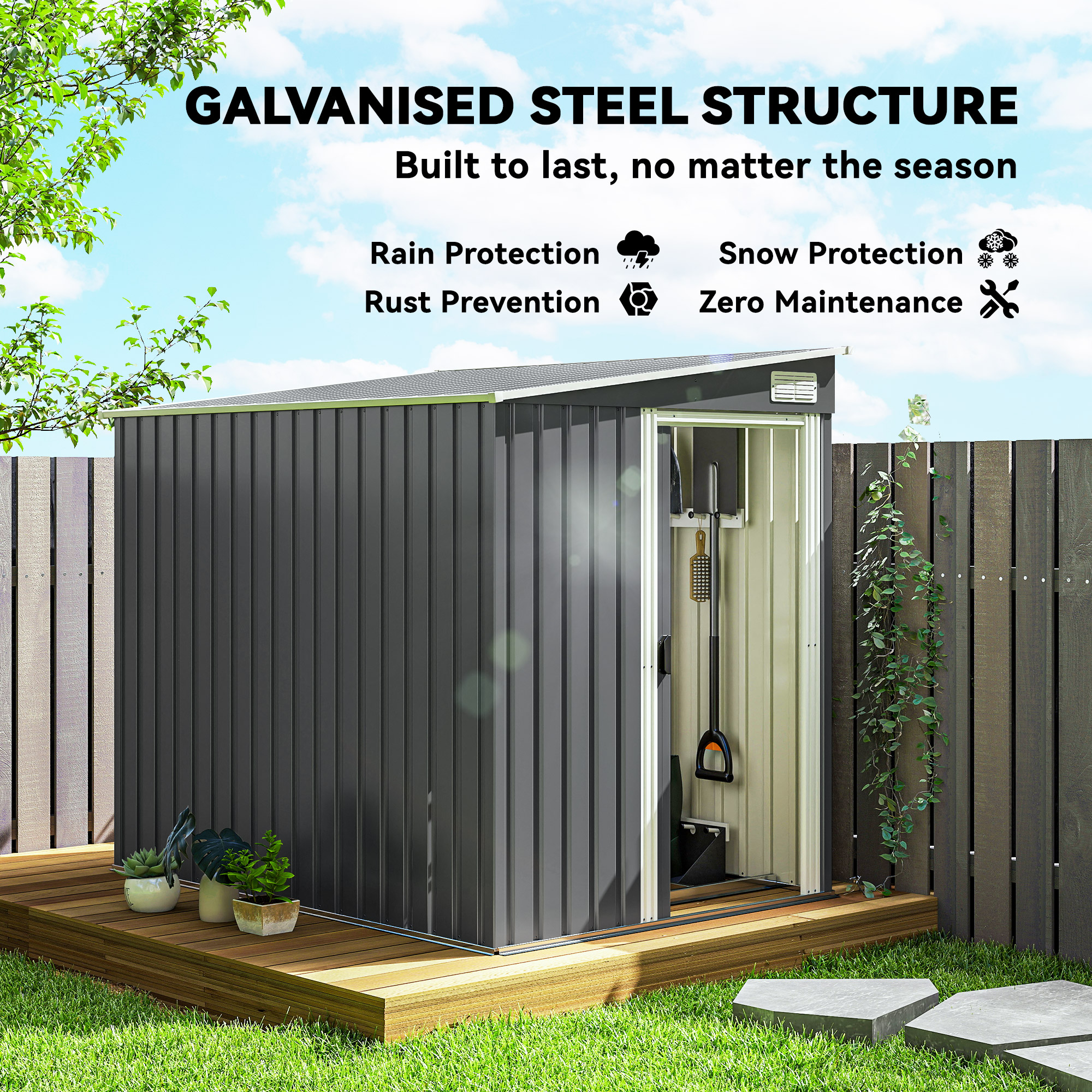 Outsunny 7 x 5ft Galvanised Metal Shed, with Sliding Door Dark Grey 4