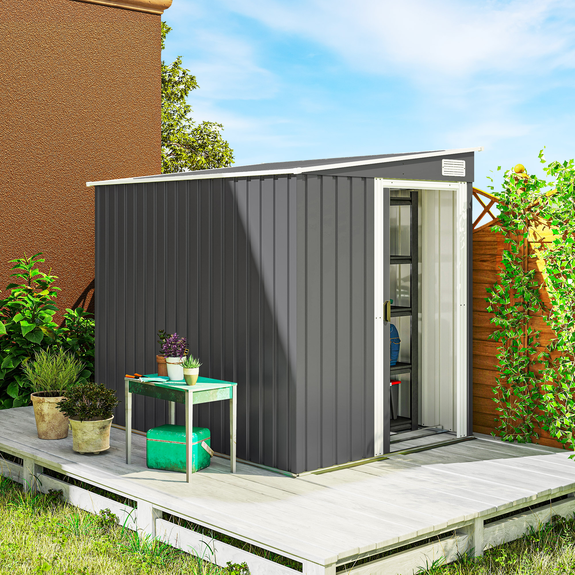 Outsunny 7 x 5ft Galvanised Metal Shed, with Sliding Door Dark Grey 2