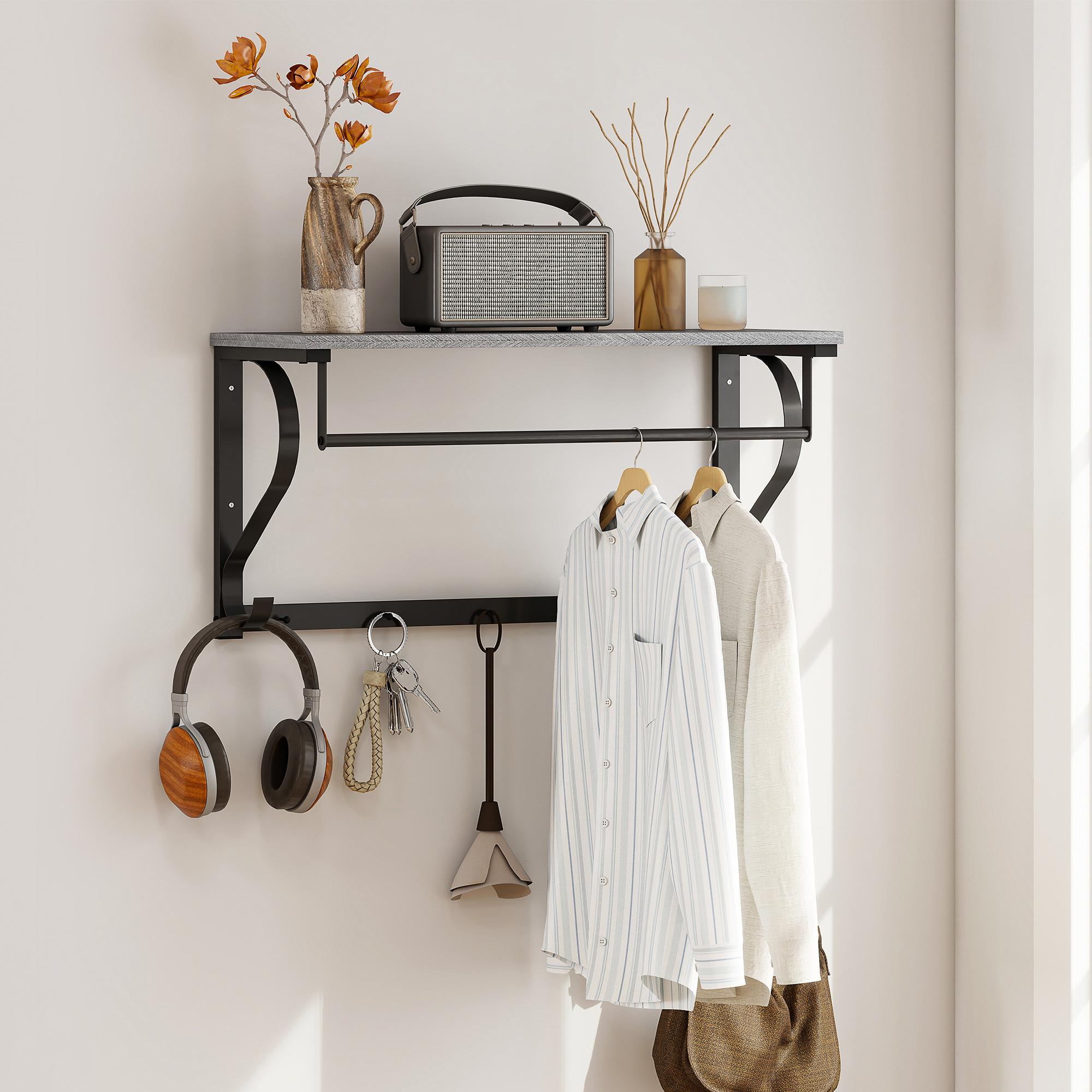 HOMCOM Wandgarderobe mit Ablage Wandregal mit 5 Haken und Stange 70 cm Wand günstig online kaufen