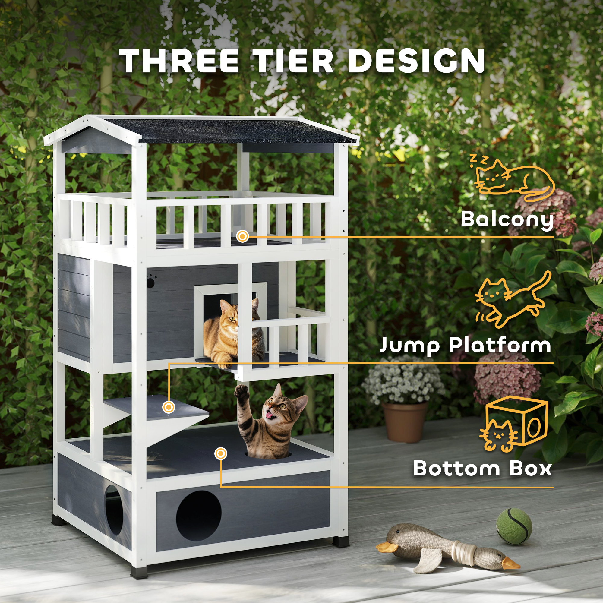 PawHut Wooden Outdoor Cat House, 3-Tier Cat Shelter with Tilted Roof, Terrace, Jump Step, Bottom Tray and Elevated Base, Waterproof Paint, Grey 4