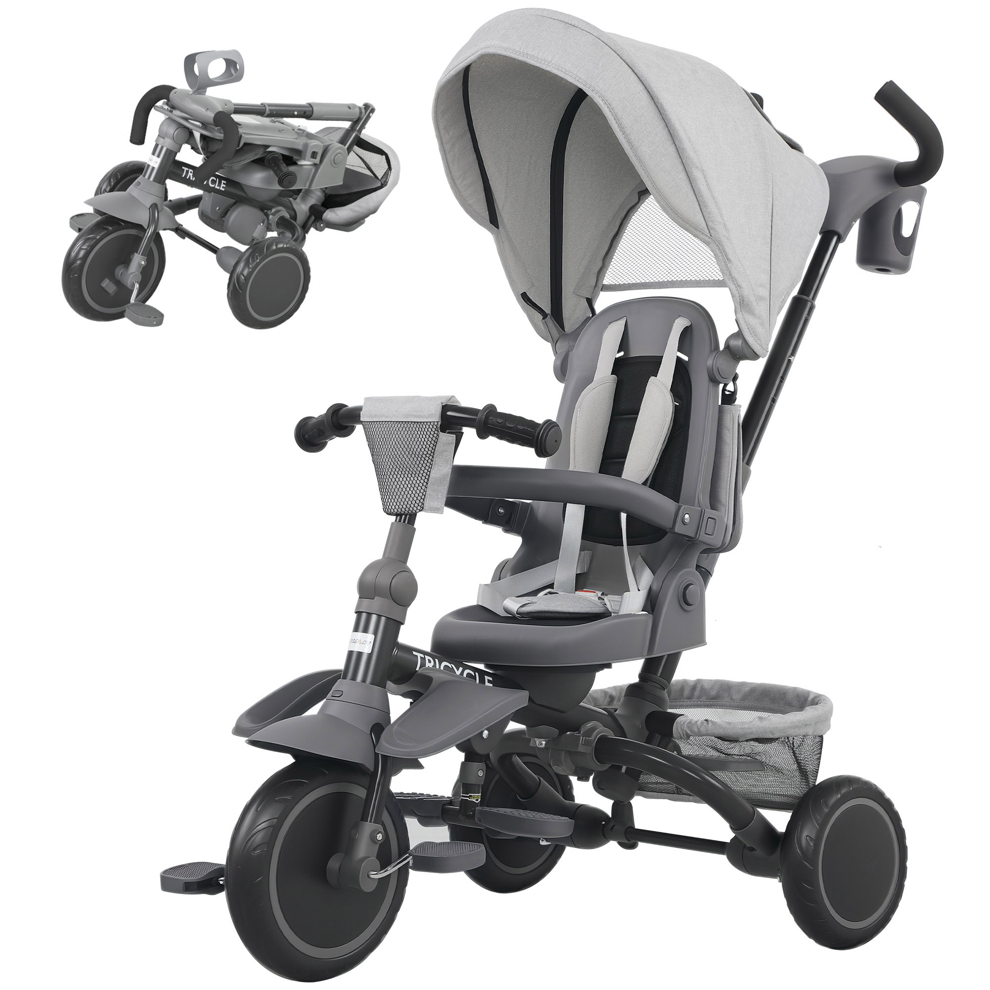 AIYAPLAY Tricycle bébé évolutif 6 en 1, tricycle enfant pliable avec poignée parentale réglable, siège pivotant 360°, gris