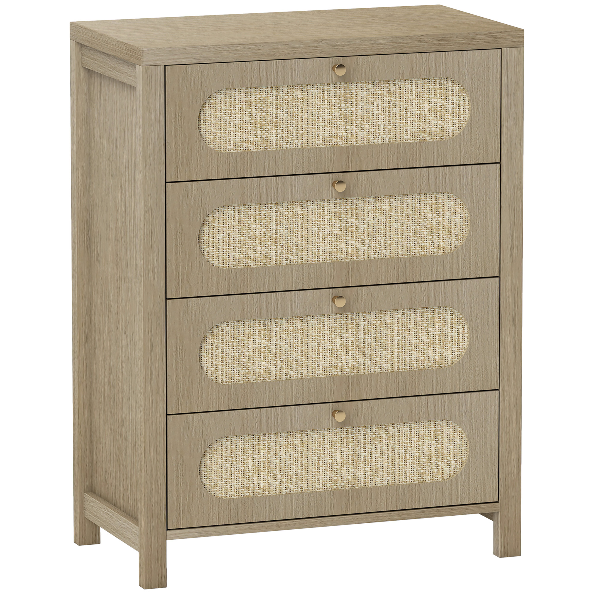 HOMCOM Cómoda 4 cajones mueble de almacenamiento estilo bohemio con puertas resina trenzada, 70 x 38 x 93 cm, efecto madera natural