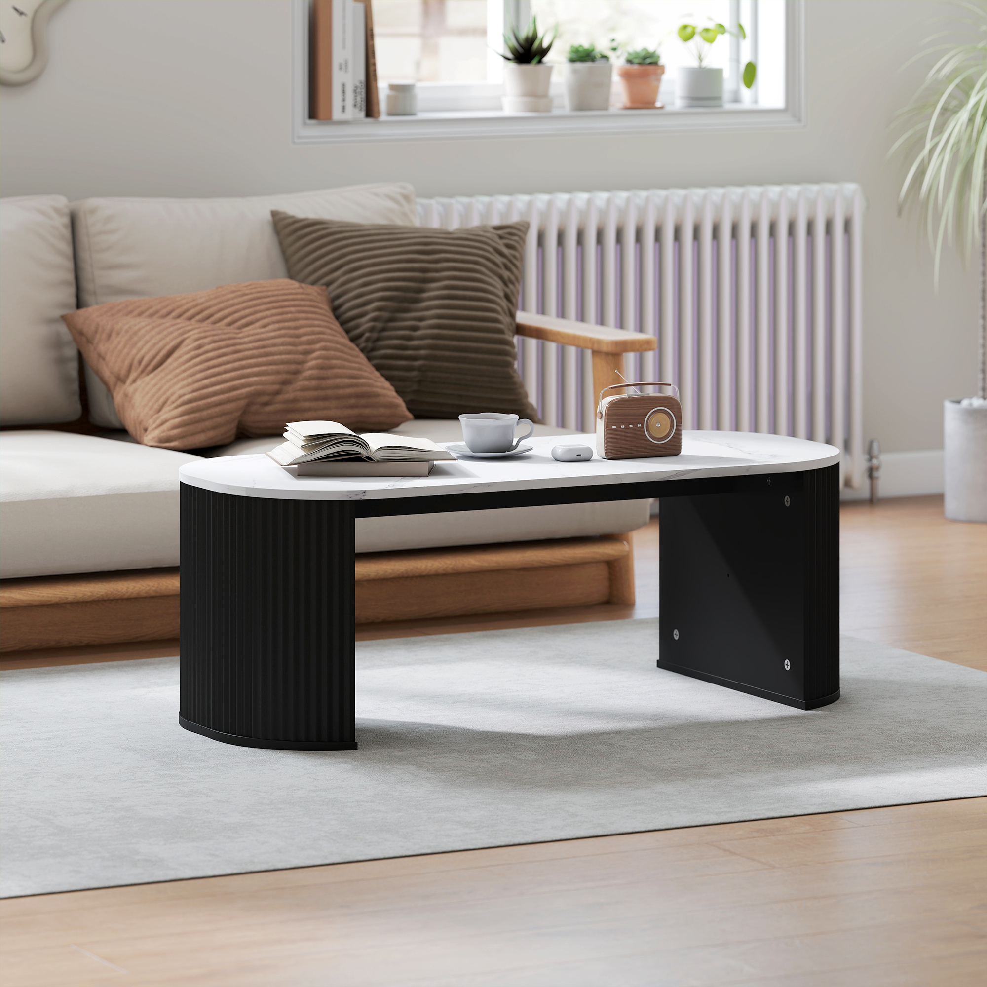 HOMCOM Ovaler Couchtisch, Beistelltisch mit Marmor-Effekt, abgerundeten Eck günstig online kaufen