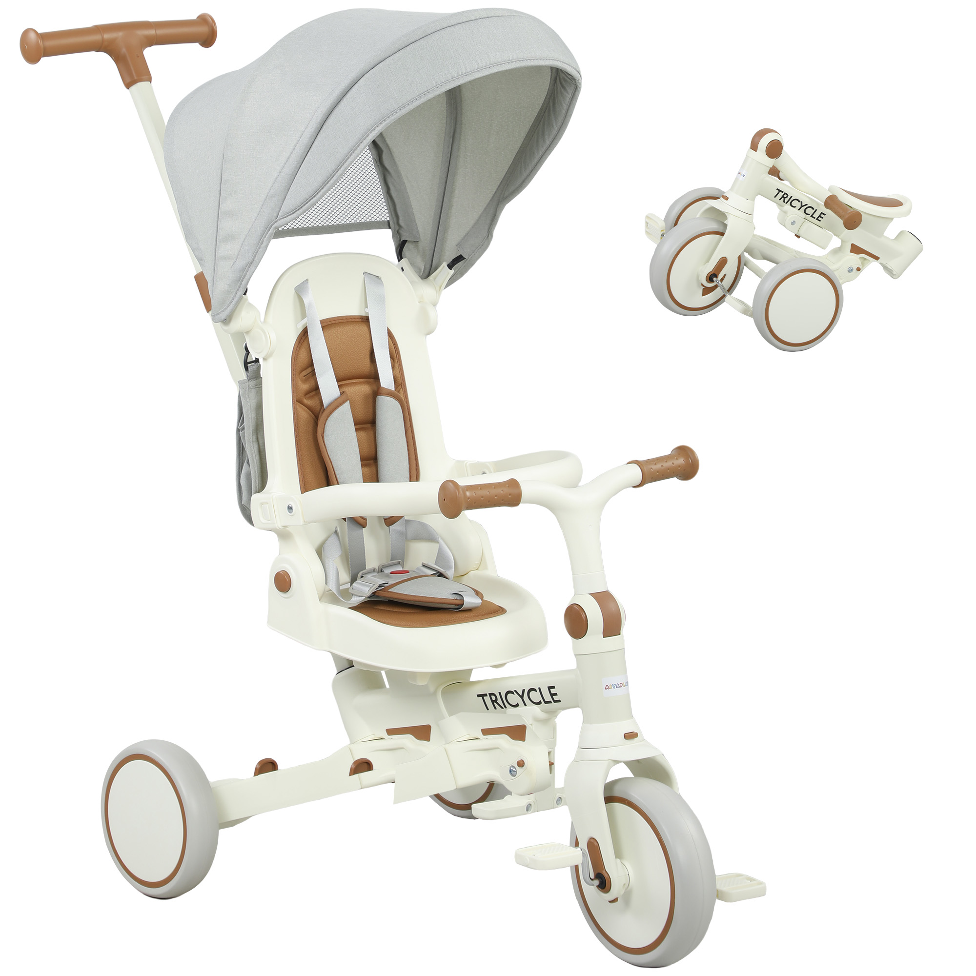 Image of AIYAPLAY Triciclo per Bambini 5 in 1 con Maniglione di Spinta e Copertura Rimovibile, 96.5x49x101 cm, Bianco Crema Aosom Italy006