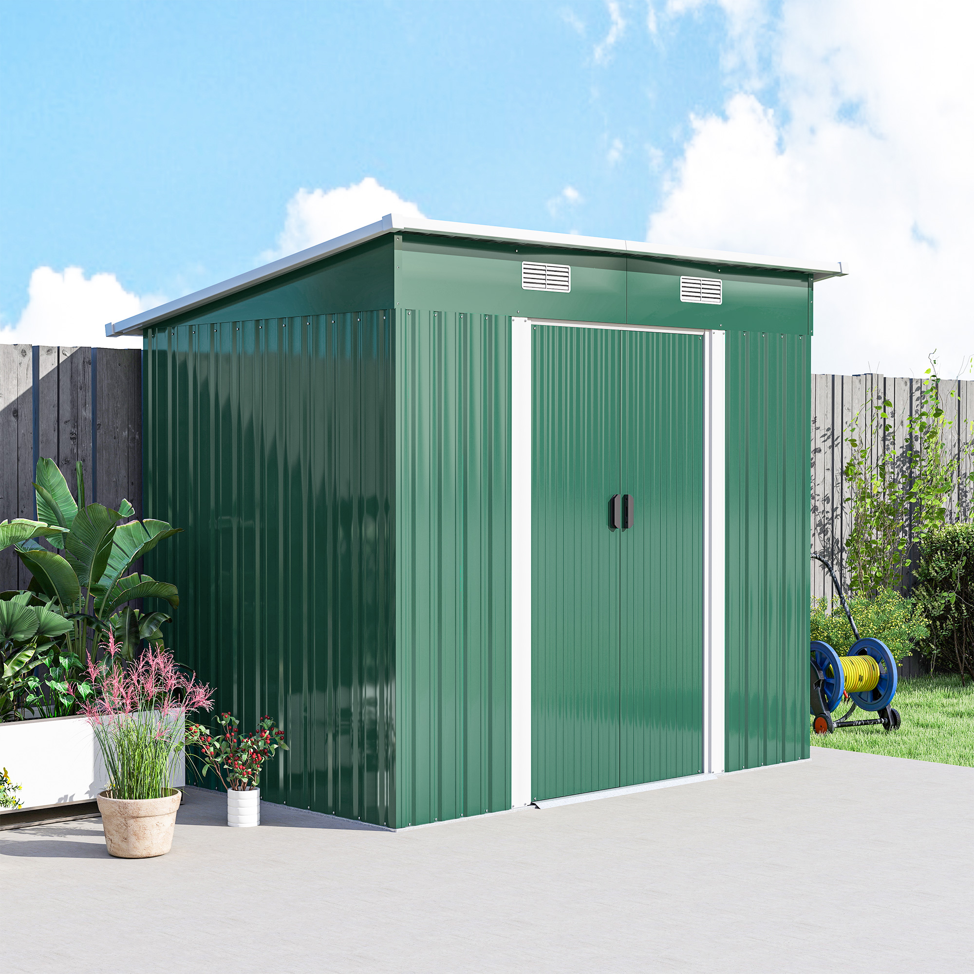 Outsunny 7 x 4ft Outdoor Storage Shed with Foundation Kit, Lean to Metal Garden Shed for Log, Rubbish Bin, Tool, Lawnmower, Bike, Patio and Lawn Use, Green 9